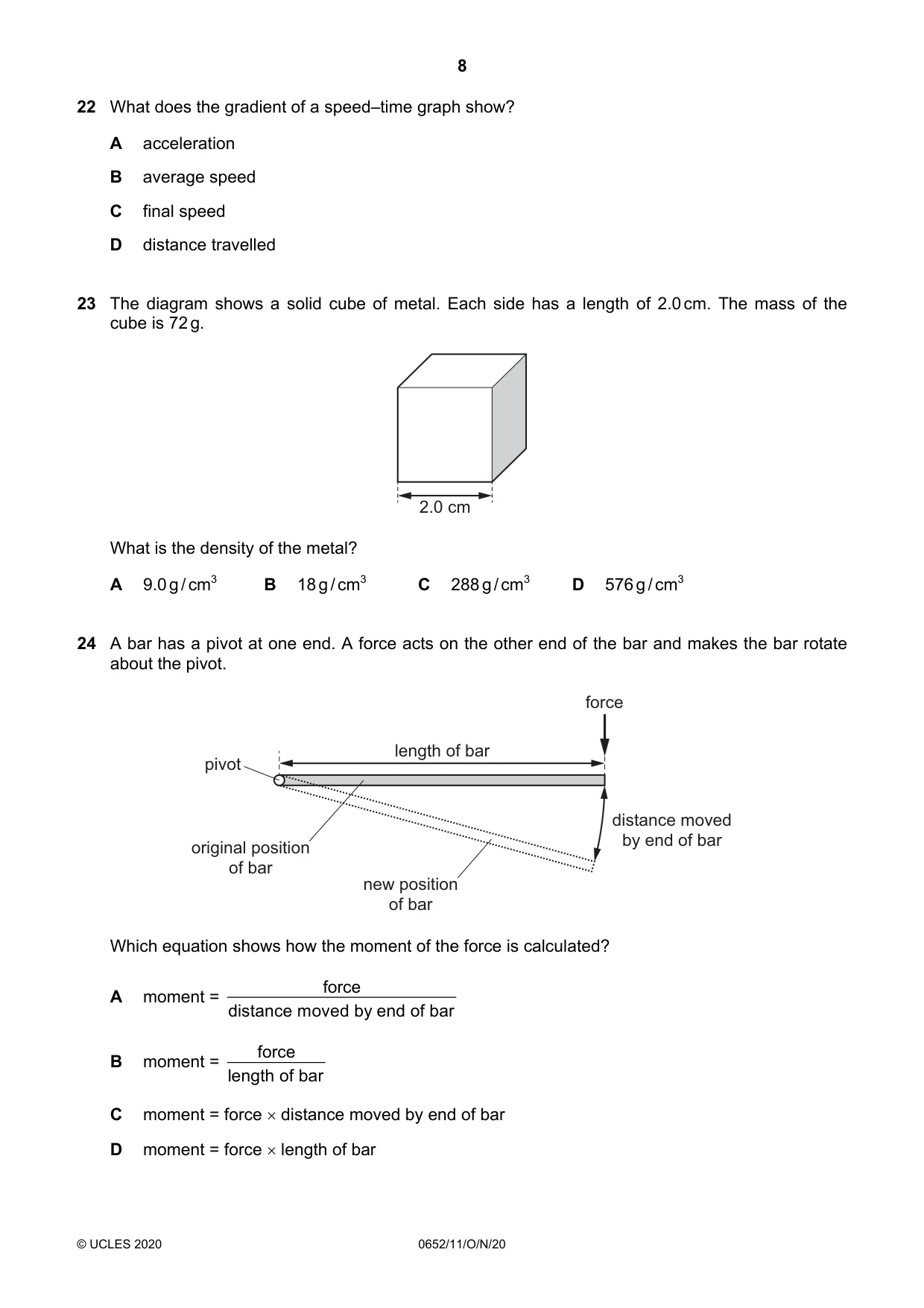 Cambridge IGCSE Physical Science 0652 2020 Oct/Nov Paper 1 · Variant 1 question paper, page 8 of 16
