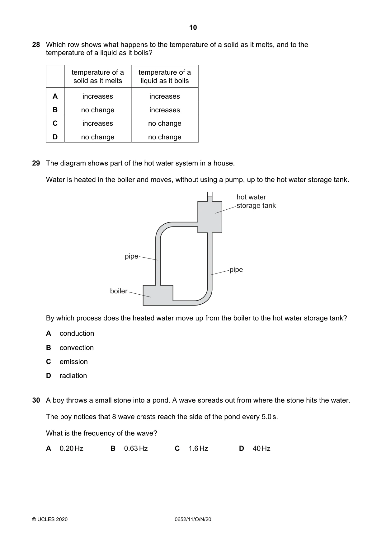 Cambridge IGCSE Physical Science 0652 2020 Oct/Nov Paper 1 · Variant 1 question paper, page 10 of 16