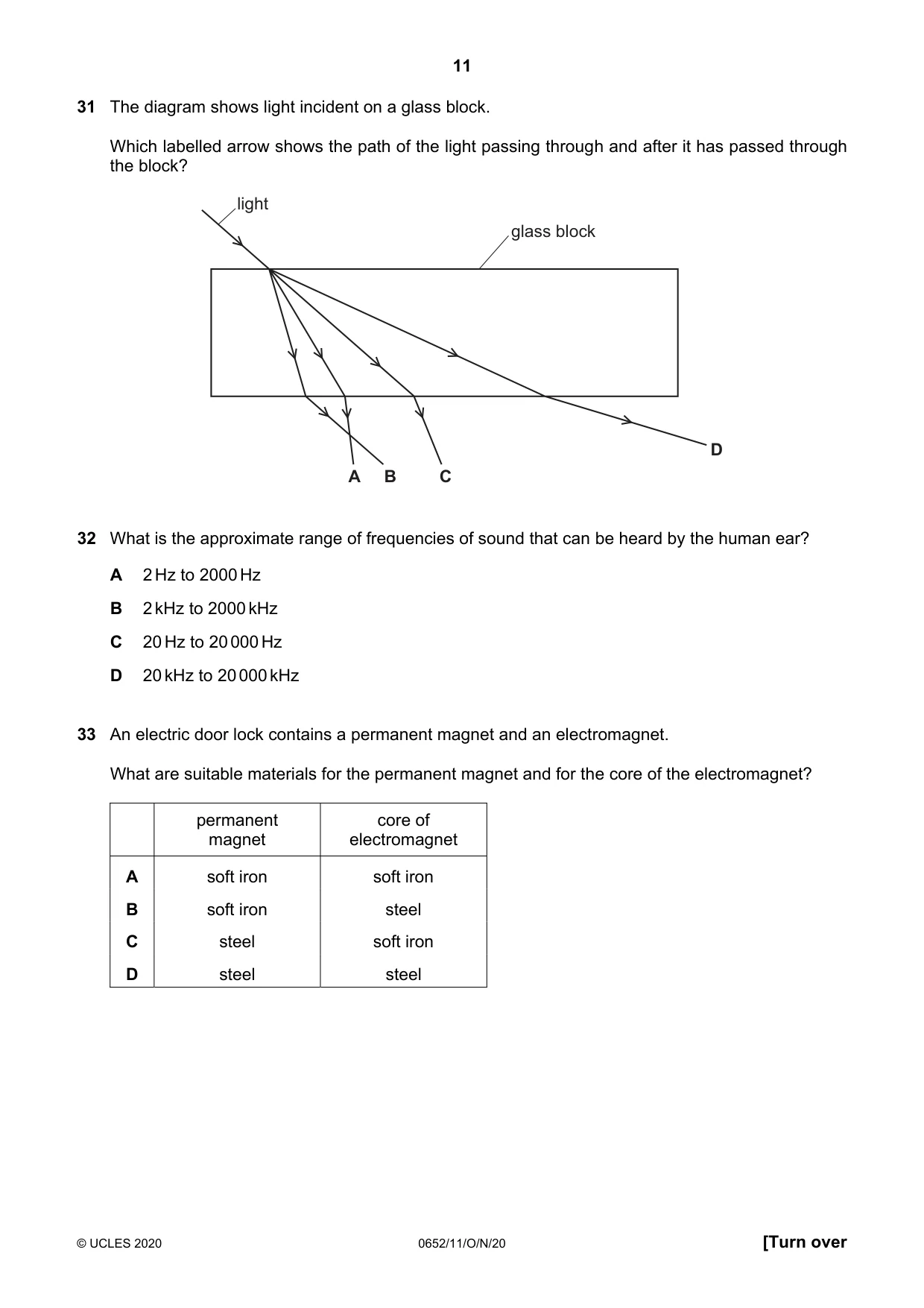 Cambridge IGCSE Physical Science 0652 2020 Oct/Nov Paper 1 · Variant 1 question paper, page 11 of 16