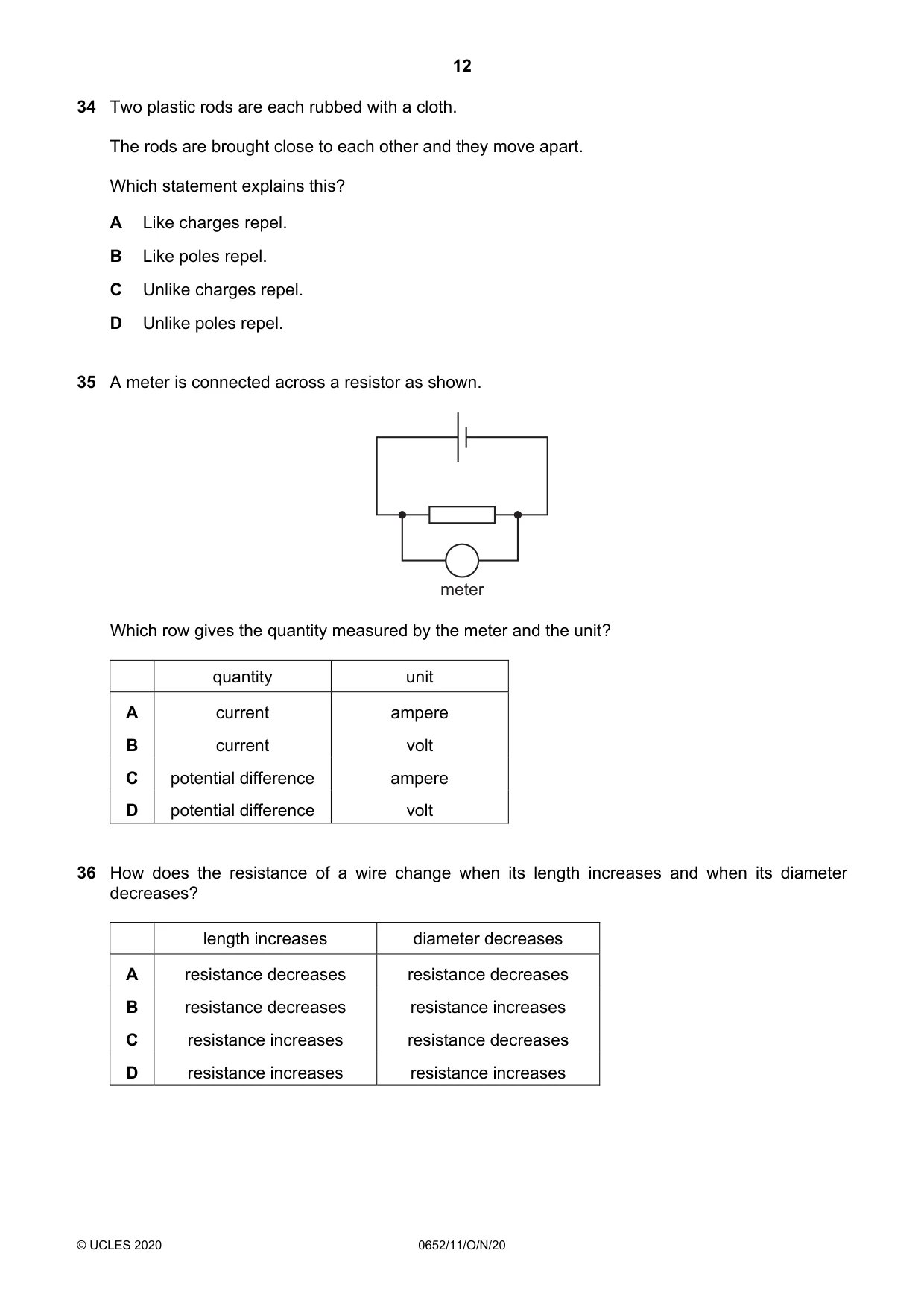 Cambridge IGCSE Physical Science 0652 2020 Oct/Nov Paper 1 · Variant 1 question paper, page 12 of 16