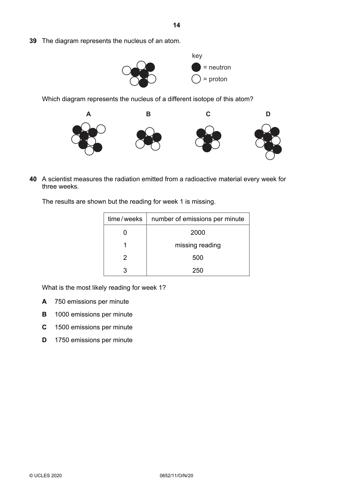 Cambridge IGCSE Physical Science 0652 2020 Oct/Nov Paper 1 · Variant 1 question paper, page 14 of 16