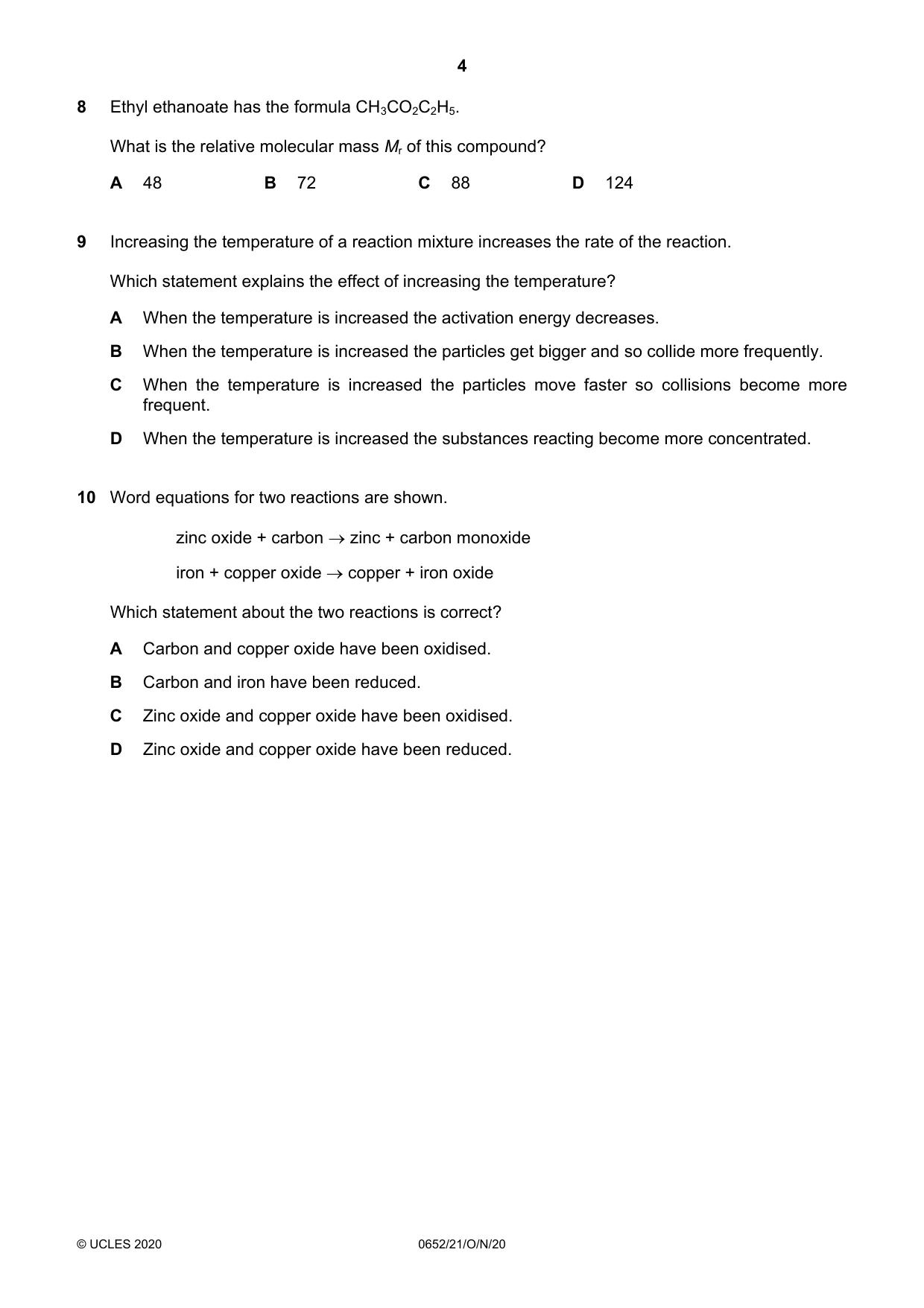 Cambridge IGCSE Physical Science 0652 2020 Oct/Nov Paper 2 · Variant 1 question paper, page 4 of 16