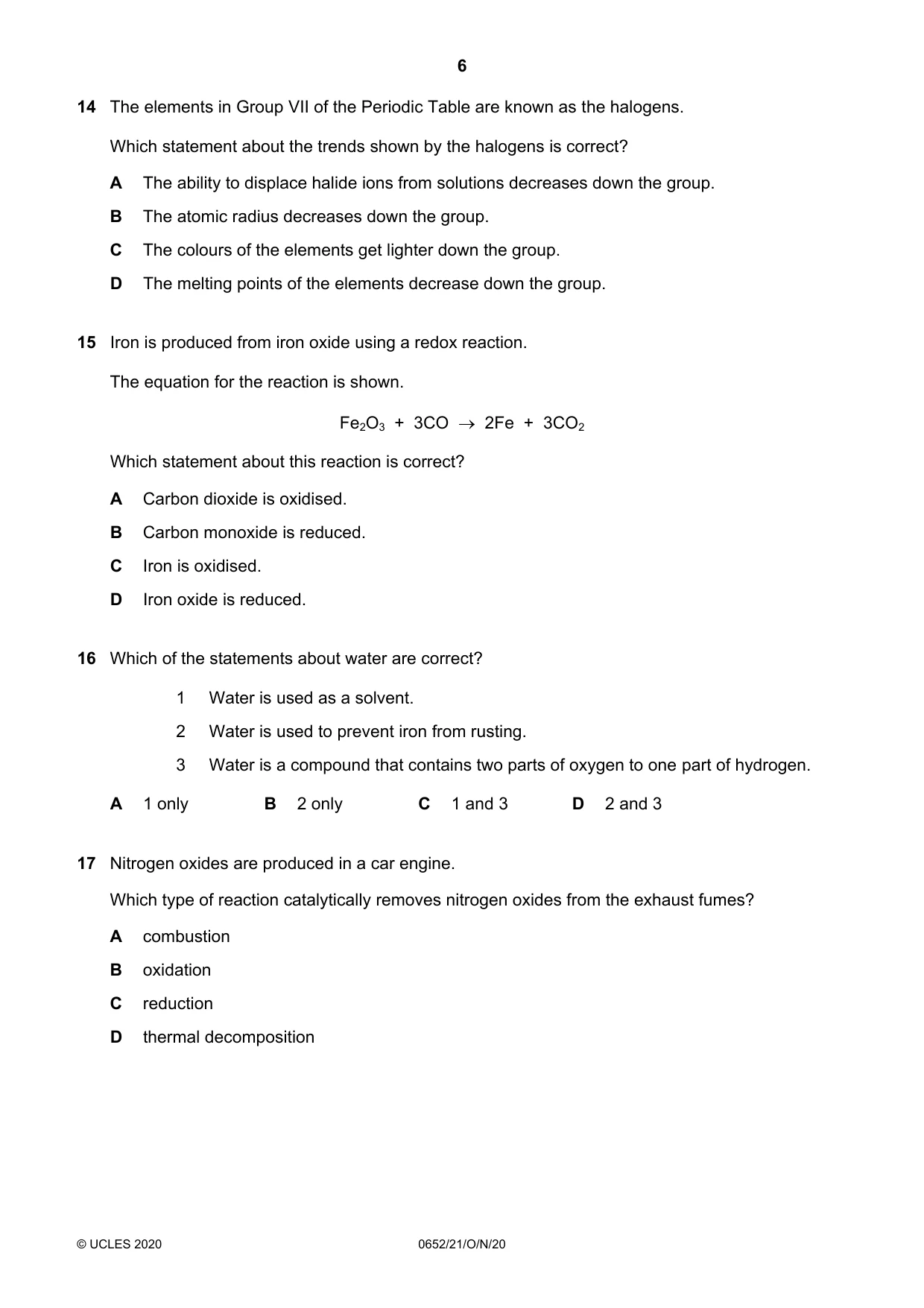 Cambridge IGCSE Physical Science 0652 2020 Oct/Nov Paper 2 · Variant 1 question paper, page 6 of 16