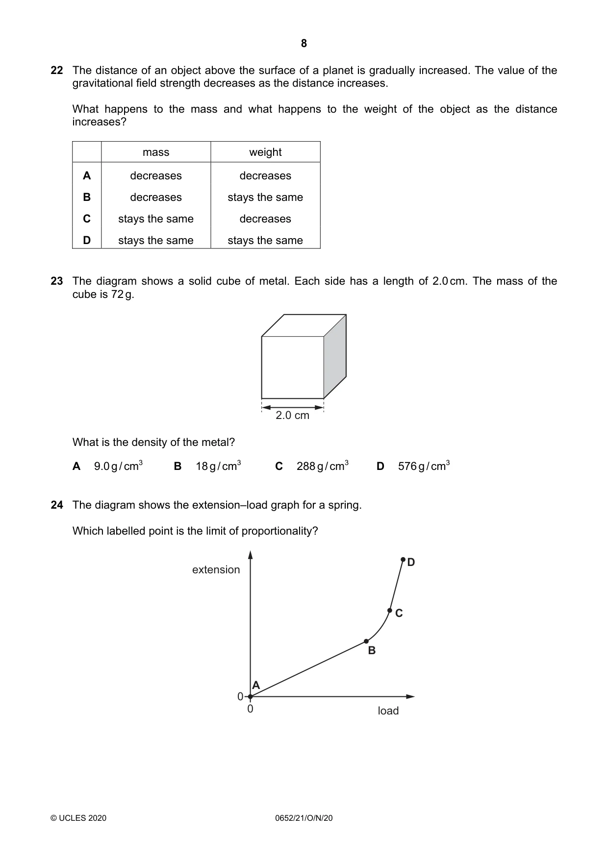 Cambridge IGCSE Physical Science 0652 2020 Oct/Nov Paper 2 · Variant 1 question paper, page 8 of 16