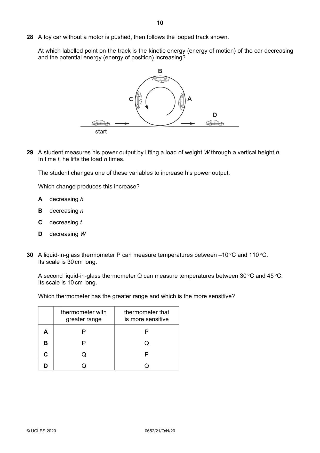 Cambridge IGCSE Physical Science 0652 2020 Oct/Nov Paper 2 · Variant 1 question paper, page 10 of 16