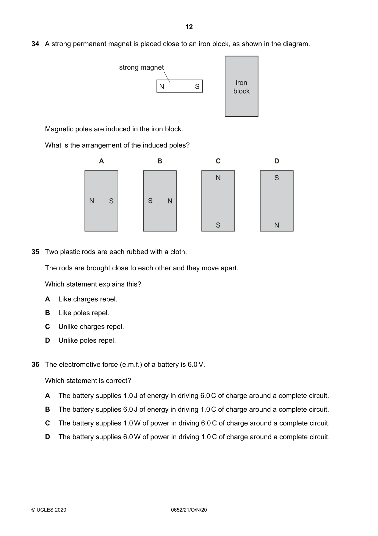 Cambridge IGCSE Physical Science 0652 2020 Oct/Nov Paper 2 · Variant 1 question paper, page 12 of 16