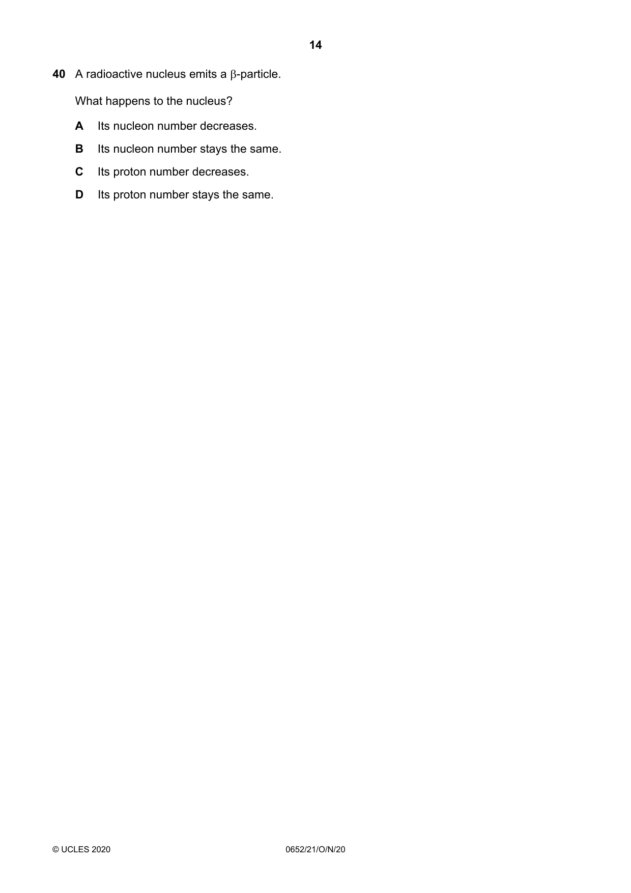 Cambridge IGCSE Physical Science 0652 2020 Oct/Nov Paper 2 · Variant 1 question paper, page 14 of 16