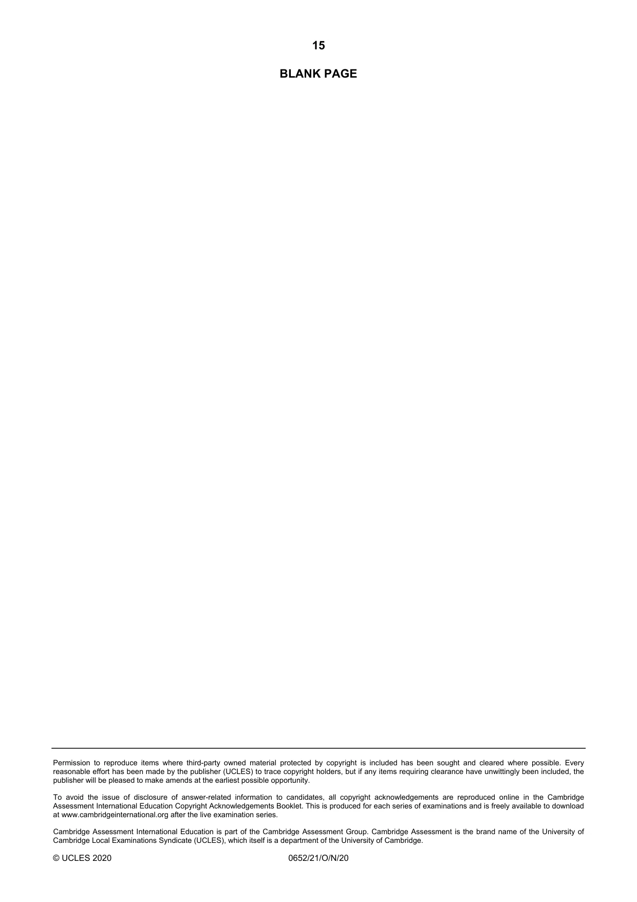 Cambridge IGCSE Physical Science 0652 2020 Oct/Nov Paper 2 · Variant 1 question paper, page 15 of 16