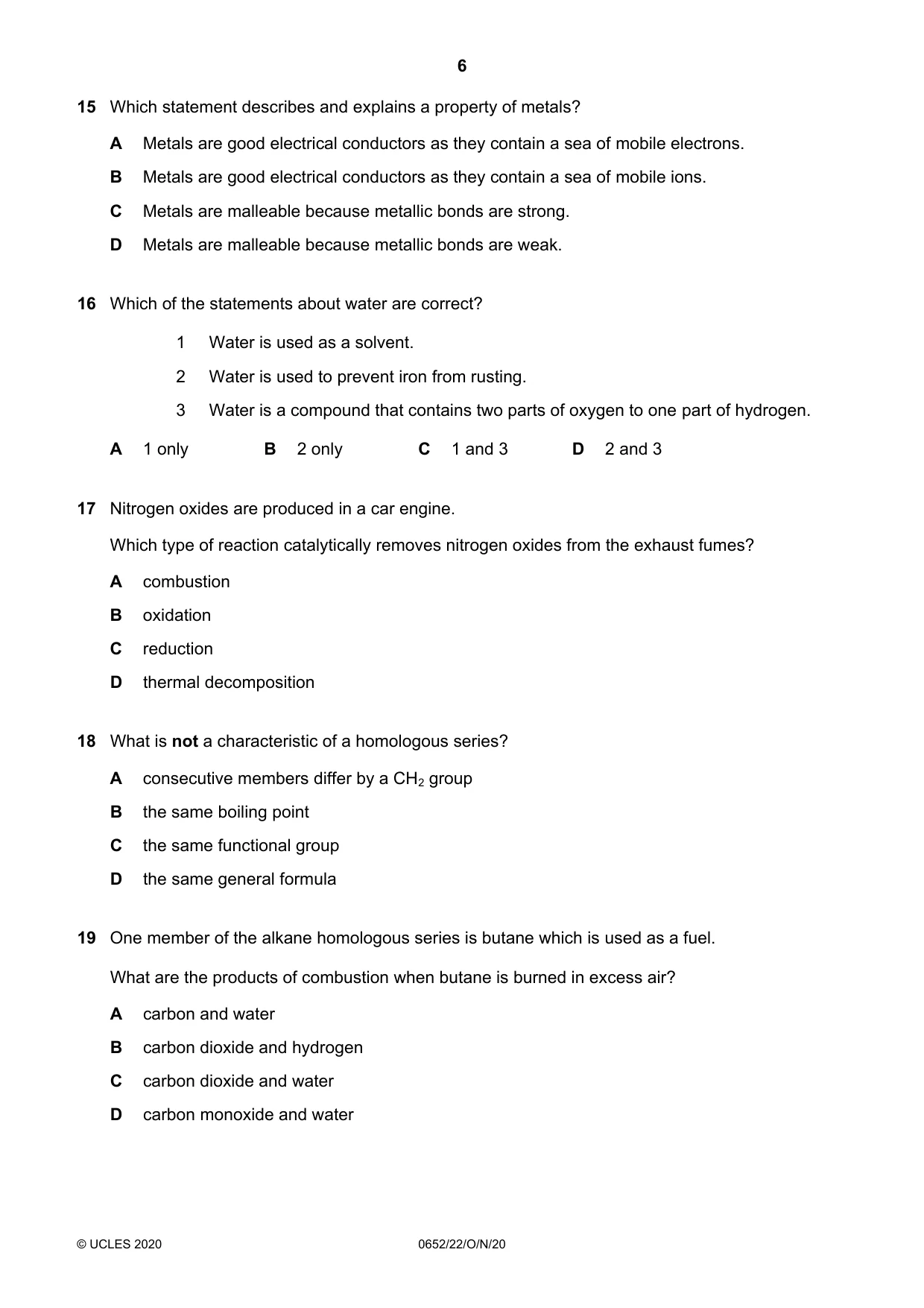 Cambridge IGCSE Physical Science 0652 2020 Oct/Nov Paper 2 · Variant 2 question paper, page 6 of 16
