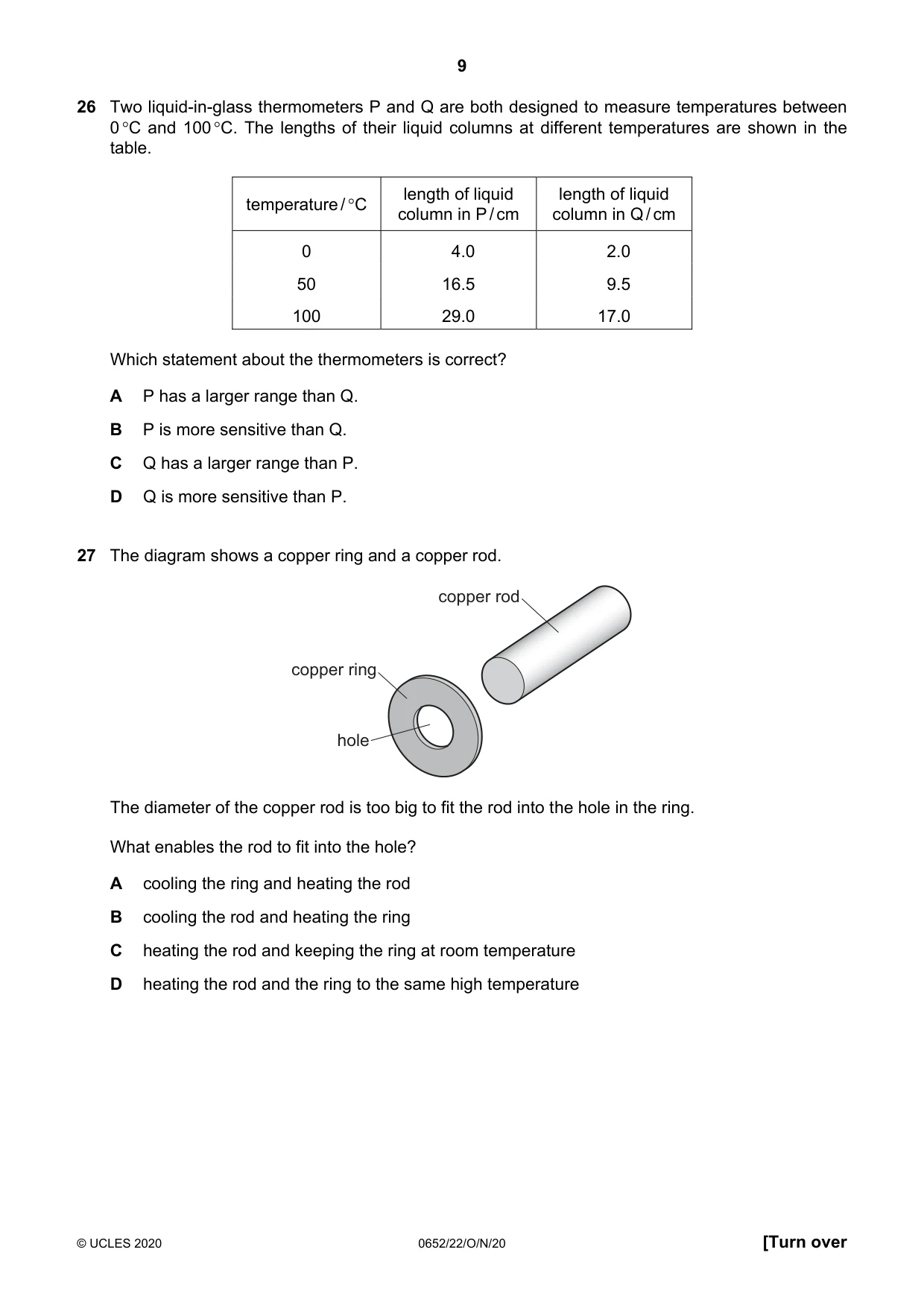 Cambridge IGCSE Physical Science 0652 2020 Oct/Nov Paper 2 · Variant 2 question paper, page 9 of 16