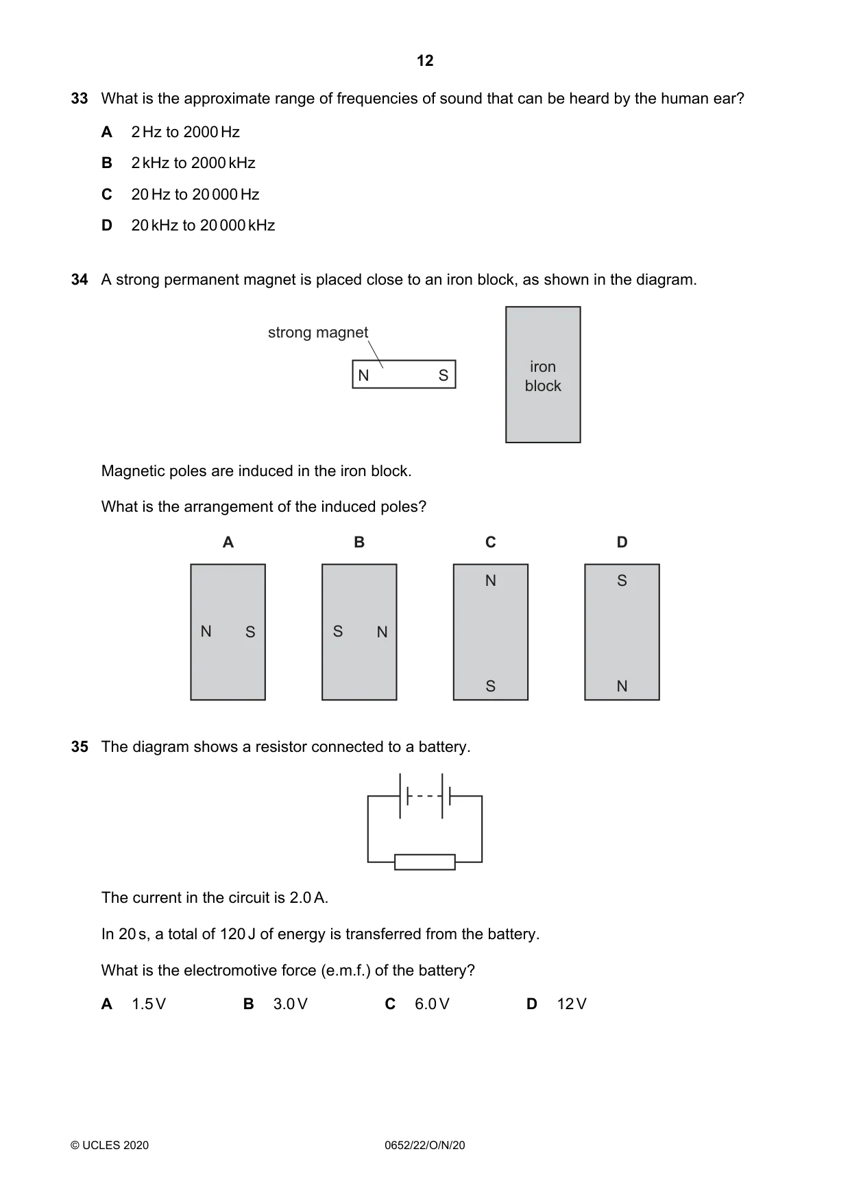Cambridge IGCSE Physical Science 0652 2020 Oct/Nov Paper 2 · Variant 2 question paper, page 12 of 16