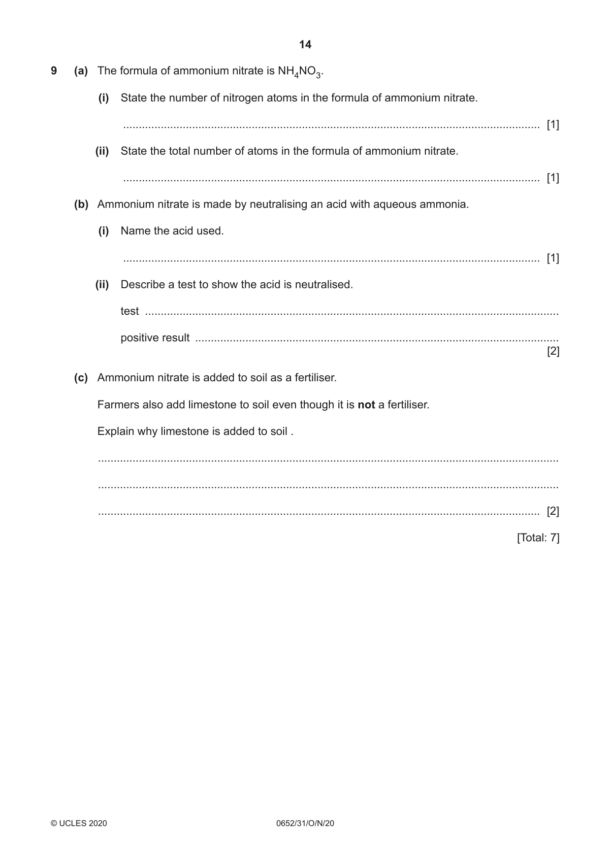 Cambridge IGCSE Physical Science 0652 2020 Oct/Nov Paper 3 · Variant 1 question paper, page 14 of 20