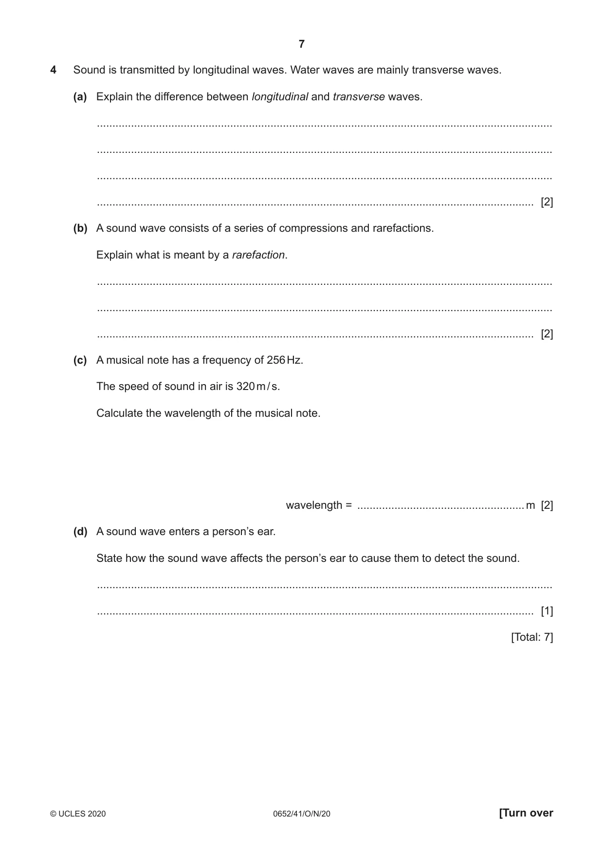 Cambridge IGCSE Physical Science 0652 2020 Oct/Nov Paper 4 · Variant 1 question paper, page 7 of 20