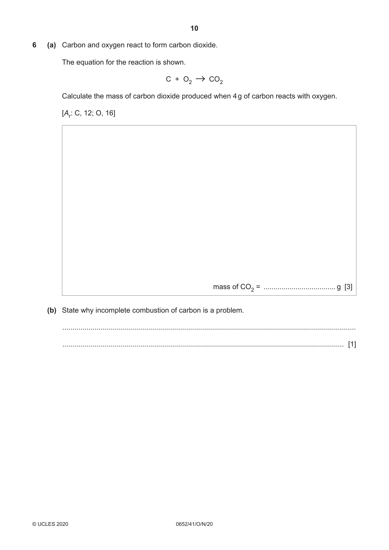 Cambridge IGCSE Physical Science 0652 2020 Oct/Nov Paper 4 · Variant 1 question paper, page 10 of 20