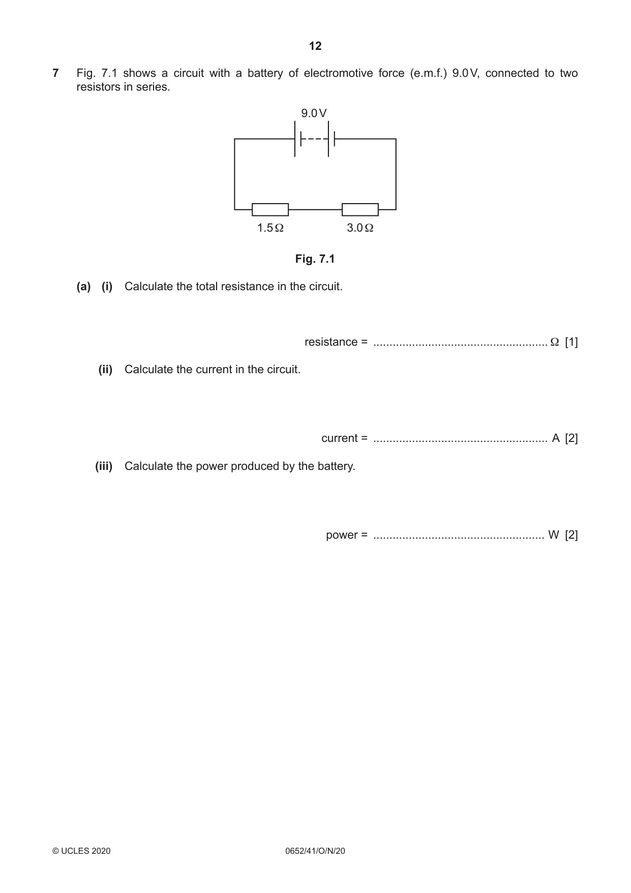 Cambridge IGCSE Physical Science 0652 2020 Oct/Nov Paper 4 · Variant 1 question paper, page 12 of 20