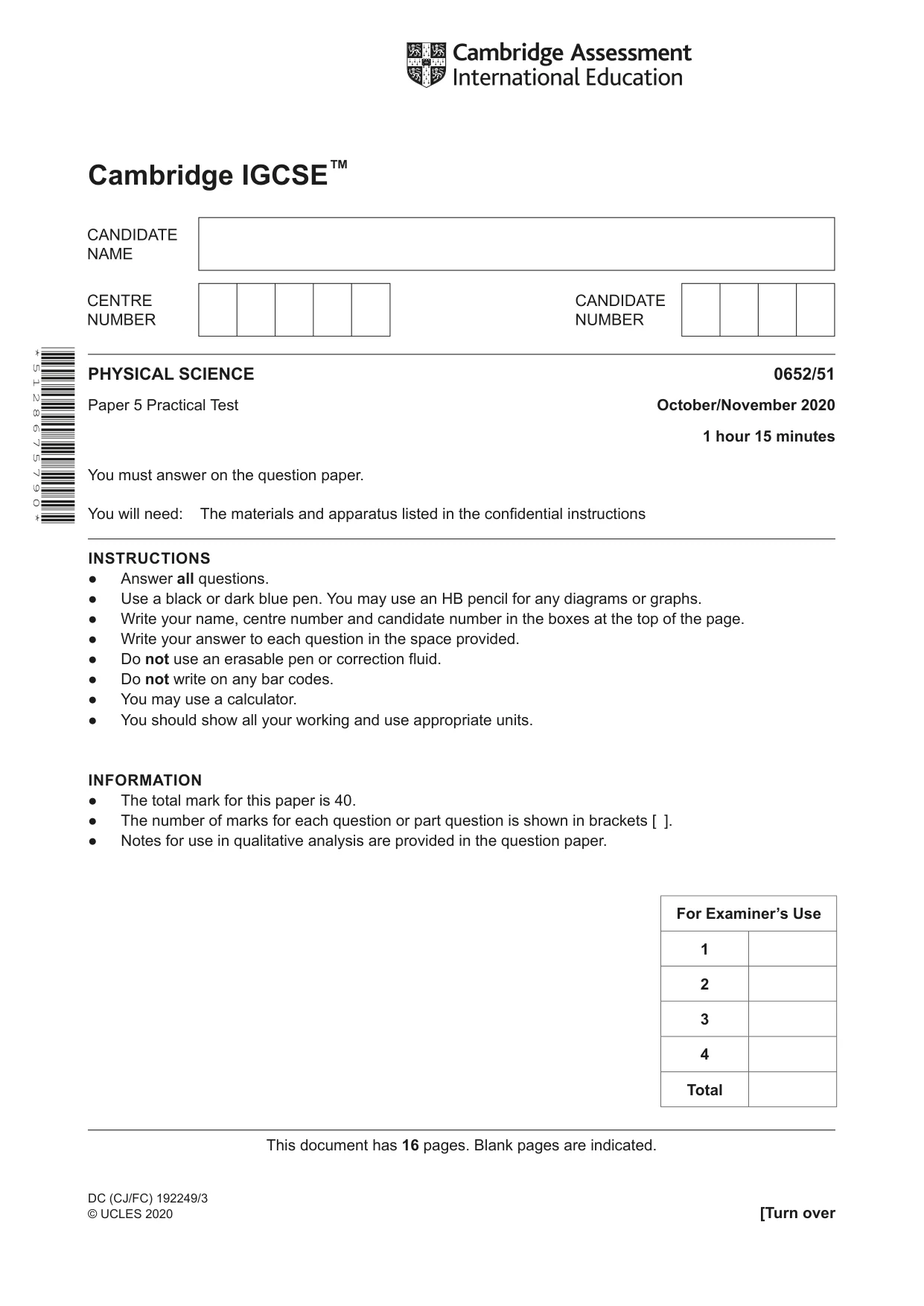 Cambridge IGCSE Physical Science 0652 2020 Oct/Nov Paper 5 · Variant 1 question paper, page 1 of 16