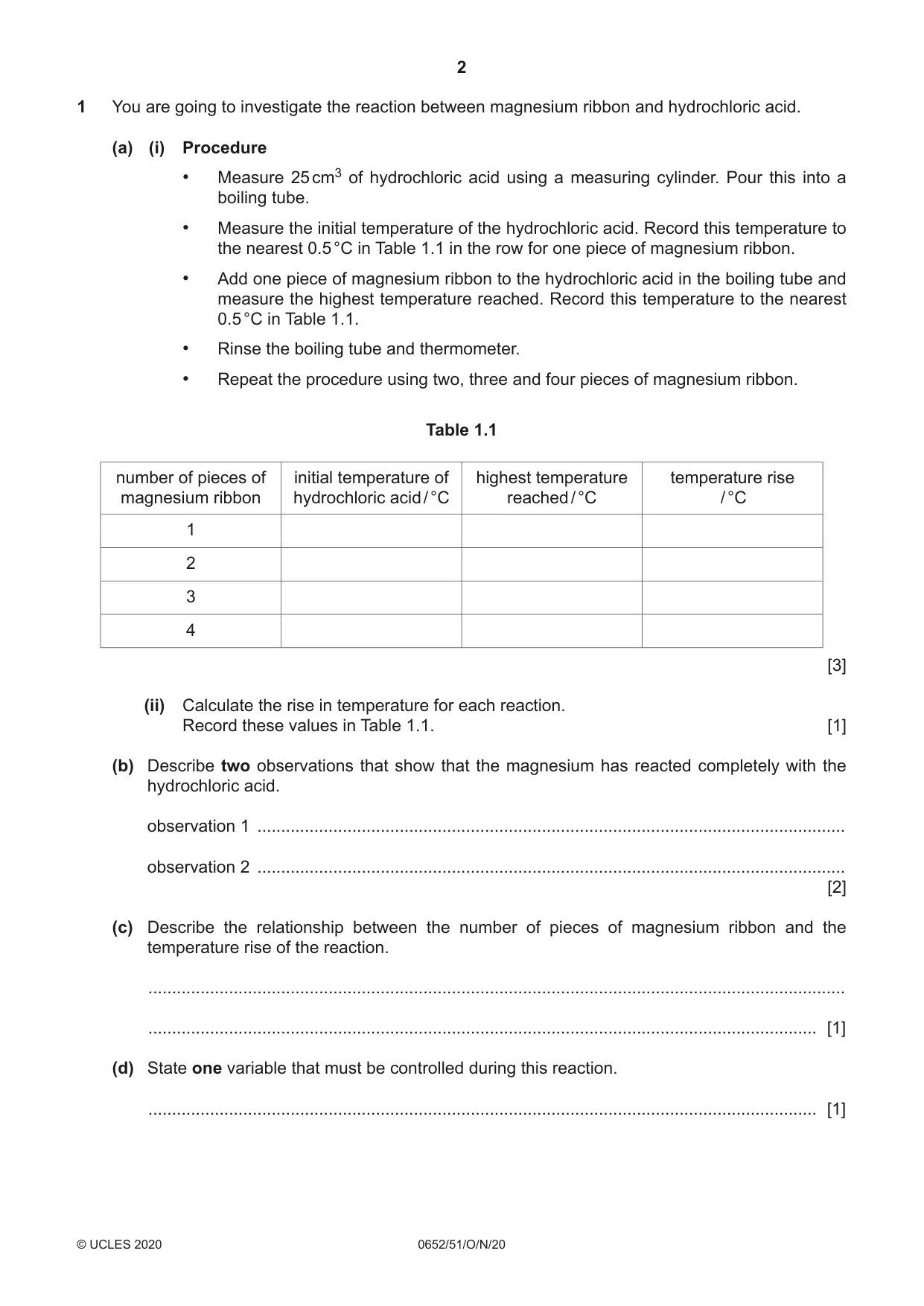 Cambridge IGCSE Physical Science 0652 2020 Oct/Nov Paper 5 · Variant 1 question paper, page 2 of 16