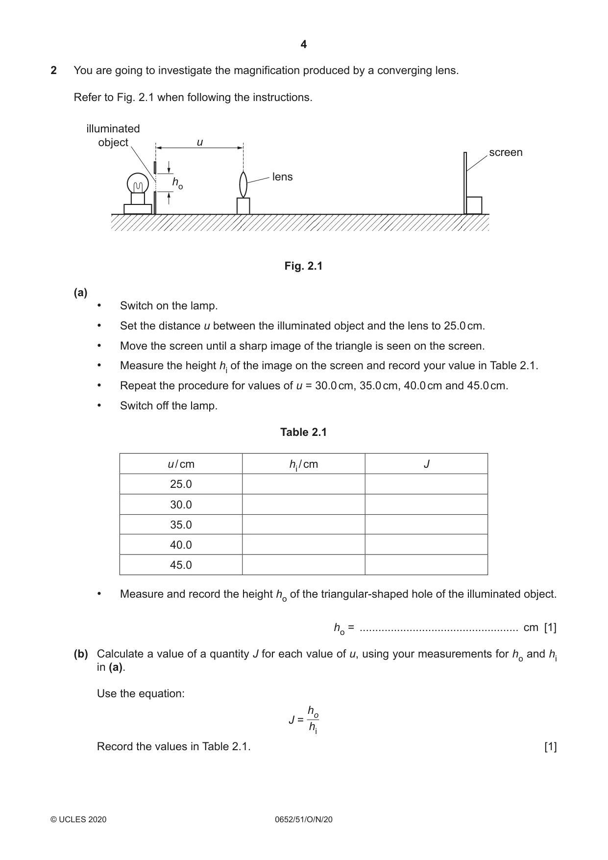 Cambridge IGCSE Physical Science 0652 2020 Oct/Nov Paper 5 · Variant 1 question paper, page 4 of 16