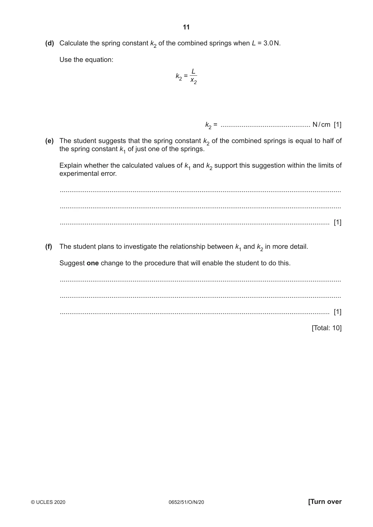 Cambridge IGCSE Physical Science 0652 2020 Oct/Nov Paper 5 · Variant 1 question paper, page 11 of 16