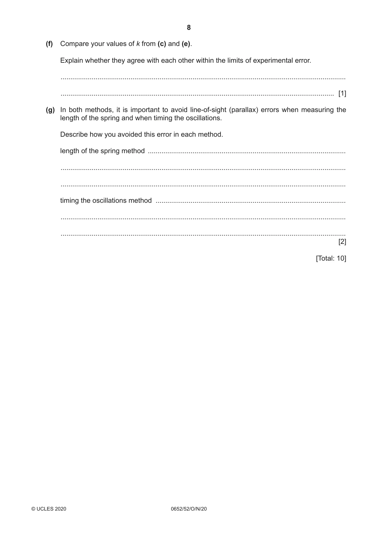 Cambridge IGCSE Physical Science 0652 2020 Oct/Nov Paper 5 · Variant 2 question paper, page 8 of 16