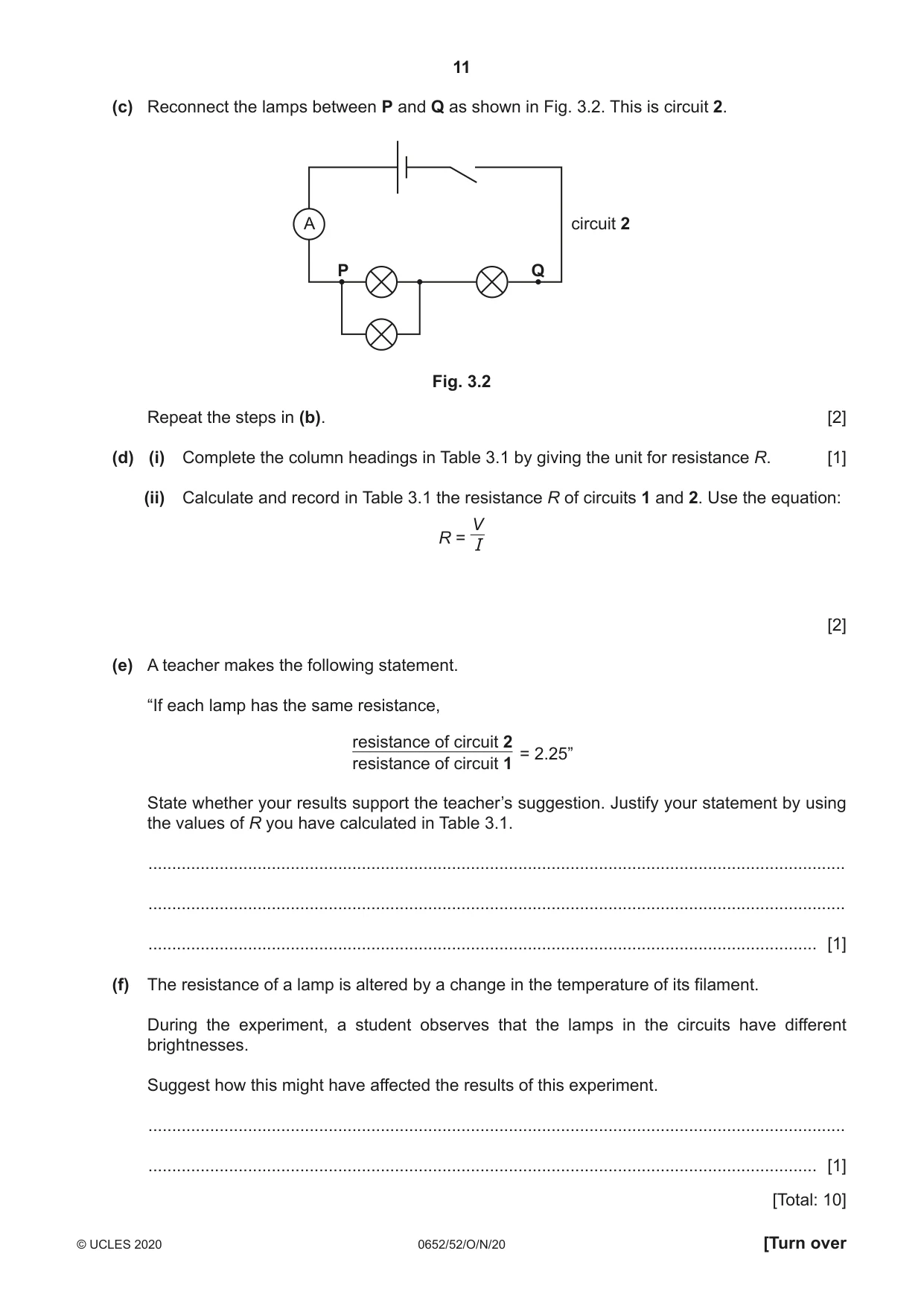 Cambridge IGCSE Physical Science 0652 2020 Oct/Nov Paper 5 · Variant 2 question paper, page 11 of 16