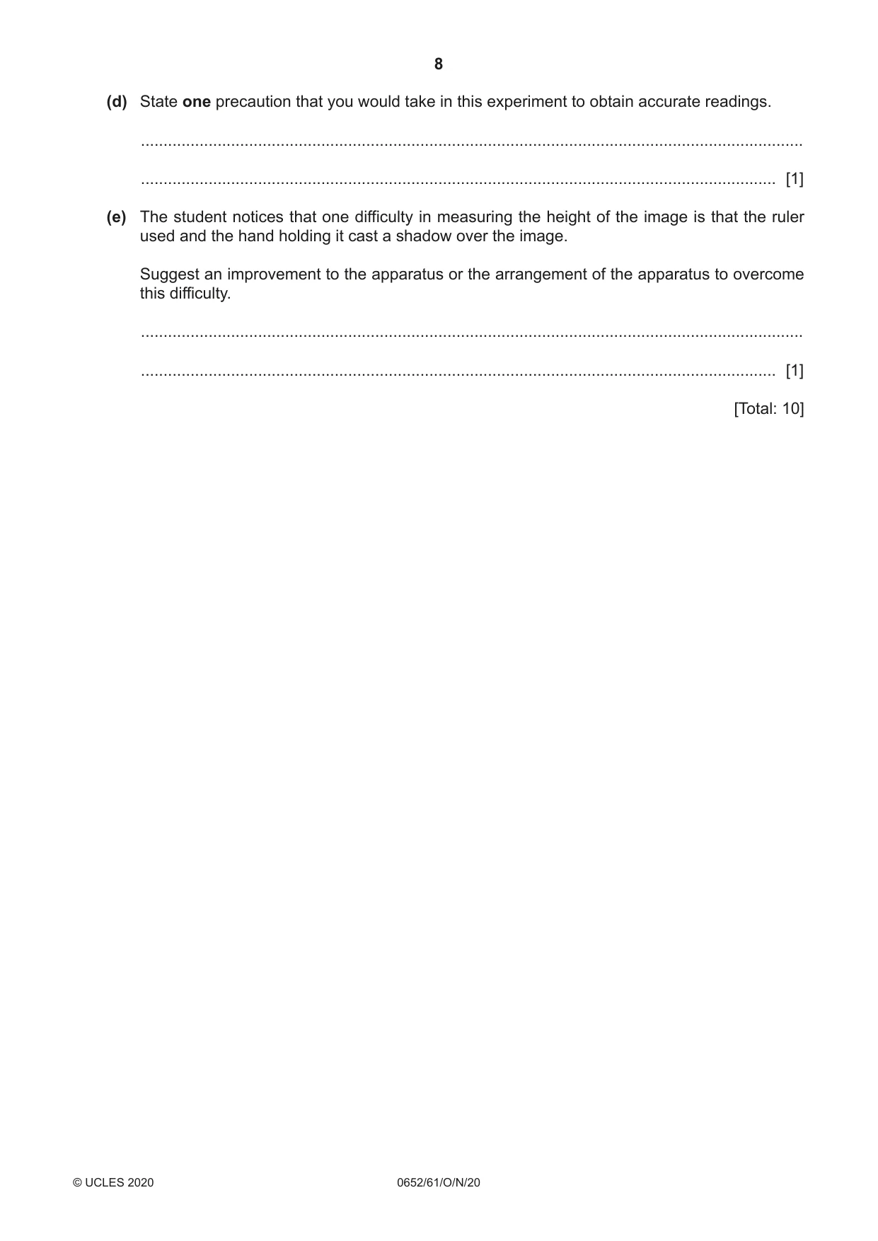 Cambridge IGCSE Physical Science 0652 2020 Oct/Nov Paper 6 · Variant 1 question paper, page 8 of 16