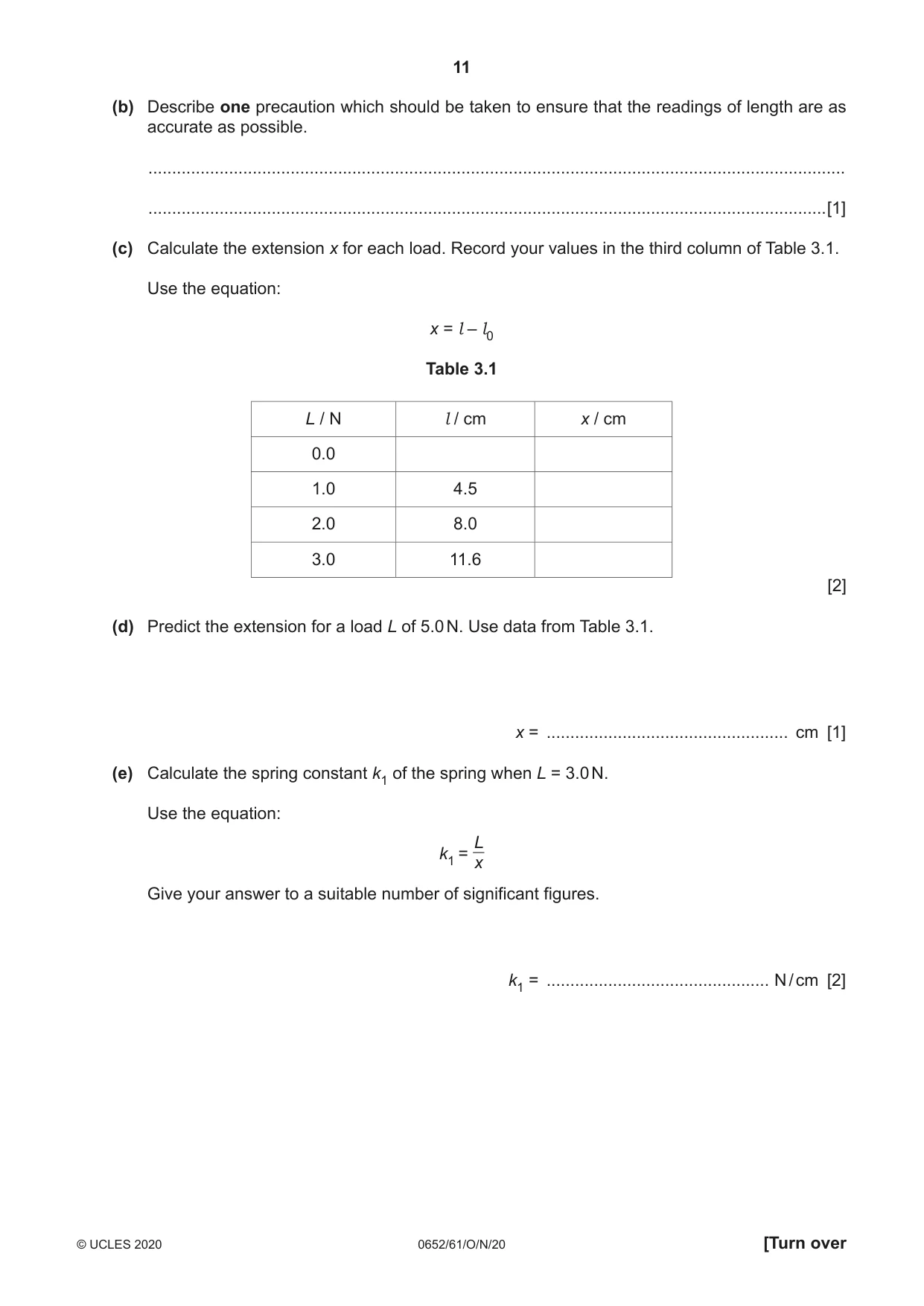 Cambridge IGCSE Physical Science 0652 2020 Oct/Nov Paper 6 · Variant 1 question paper, page 11 of 16