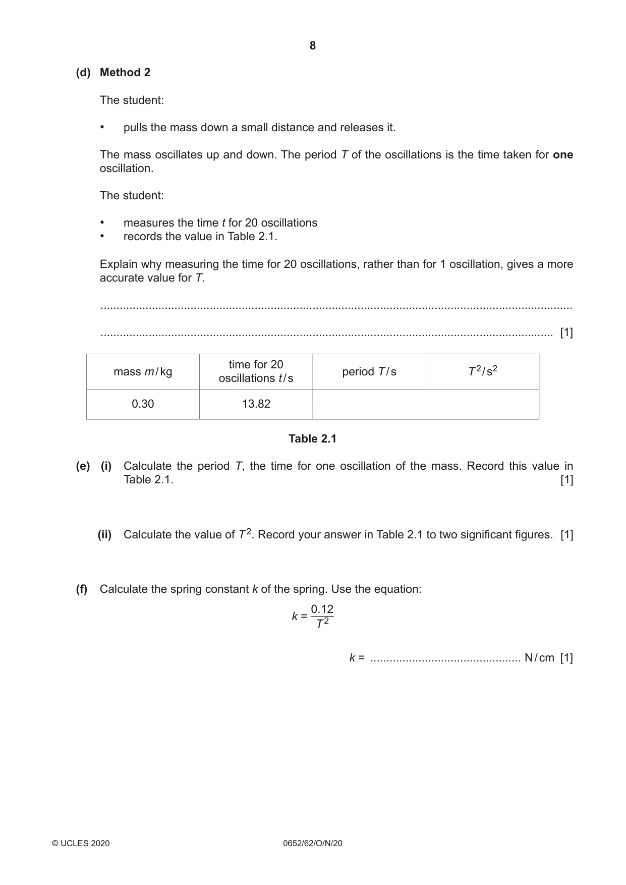 Cambridge IGCSE Physical Science 0652 2020 Oct/Nov Paper 6 · Variant 2 question paper, page 8 of 16