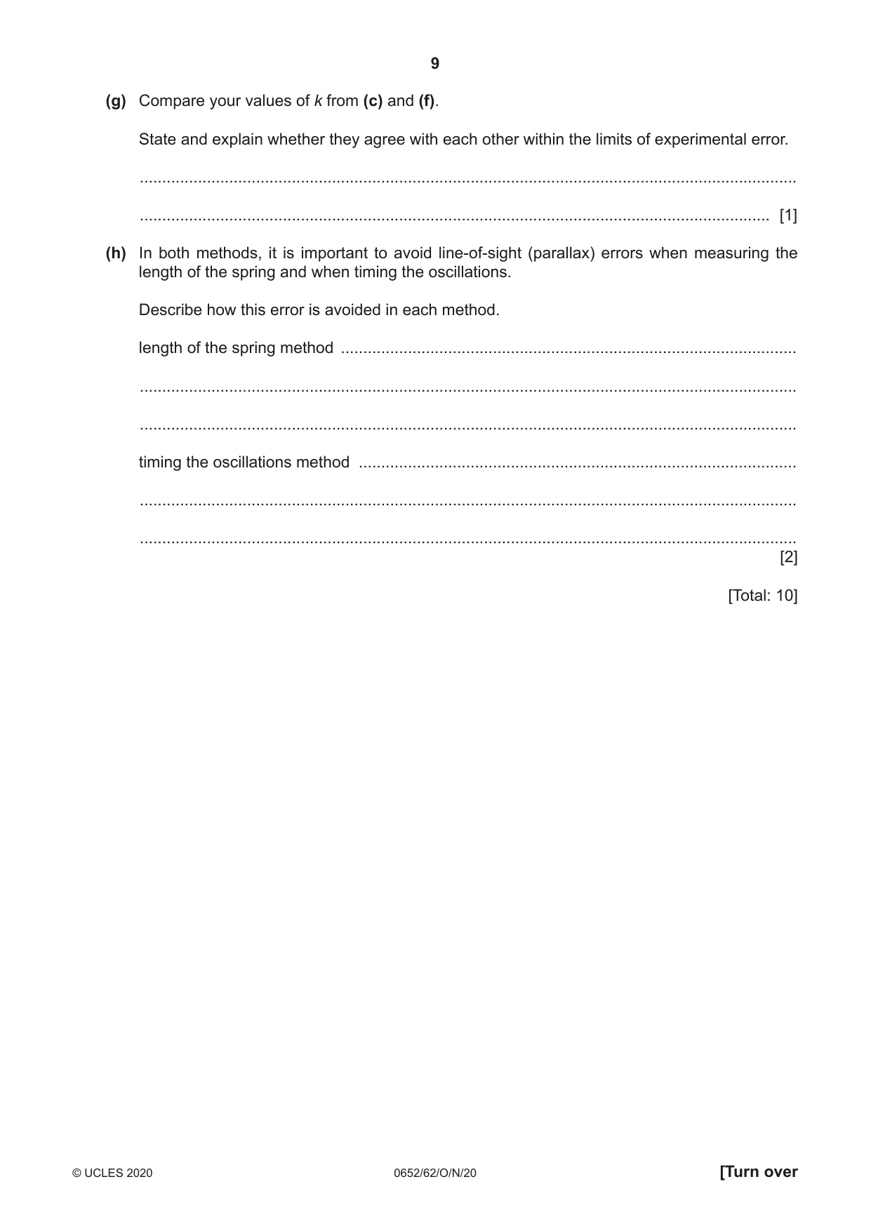 Cambridge IGCSE Physical Science 0652 2020 Oct/Nov Paper 6 · Variant 2 question paper, page 9 of 16