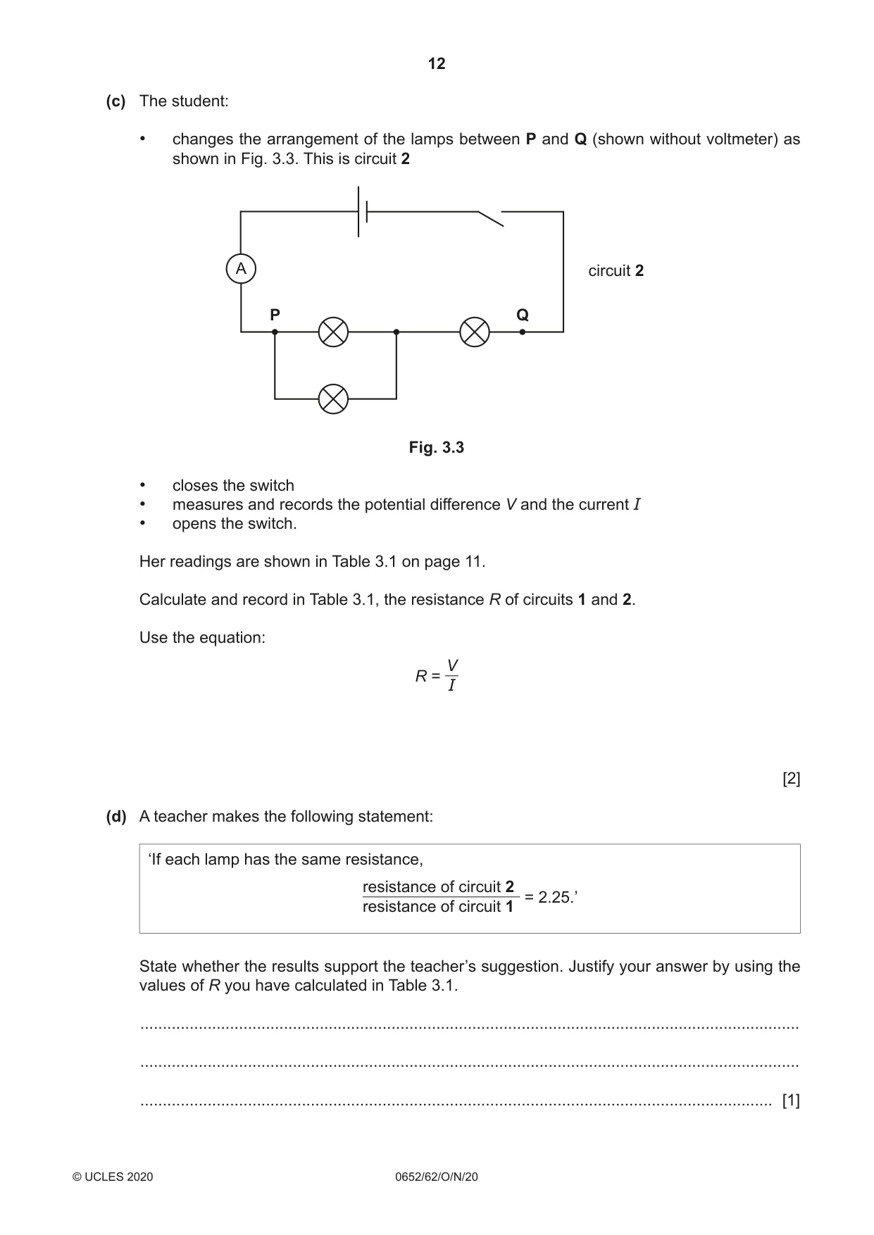 Cambridge IGCSE Physical Science 0652 2020 Oct/Nov Paper 6 · Variant 2 question paper, page 12 of 16