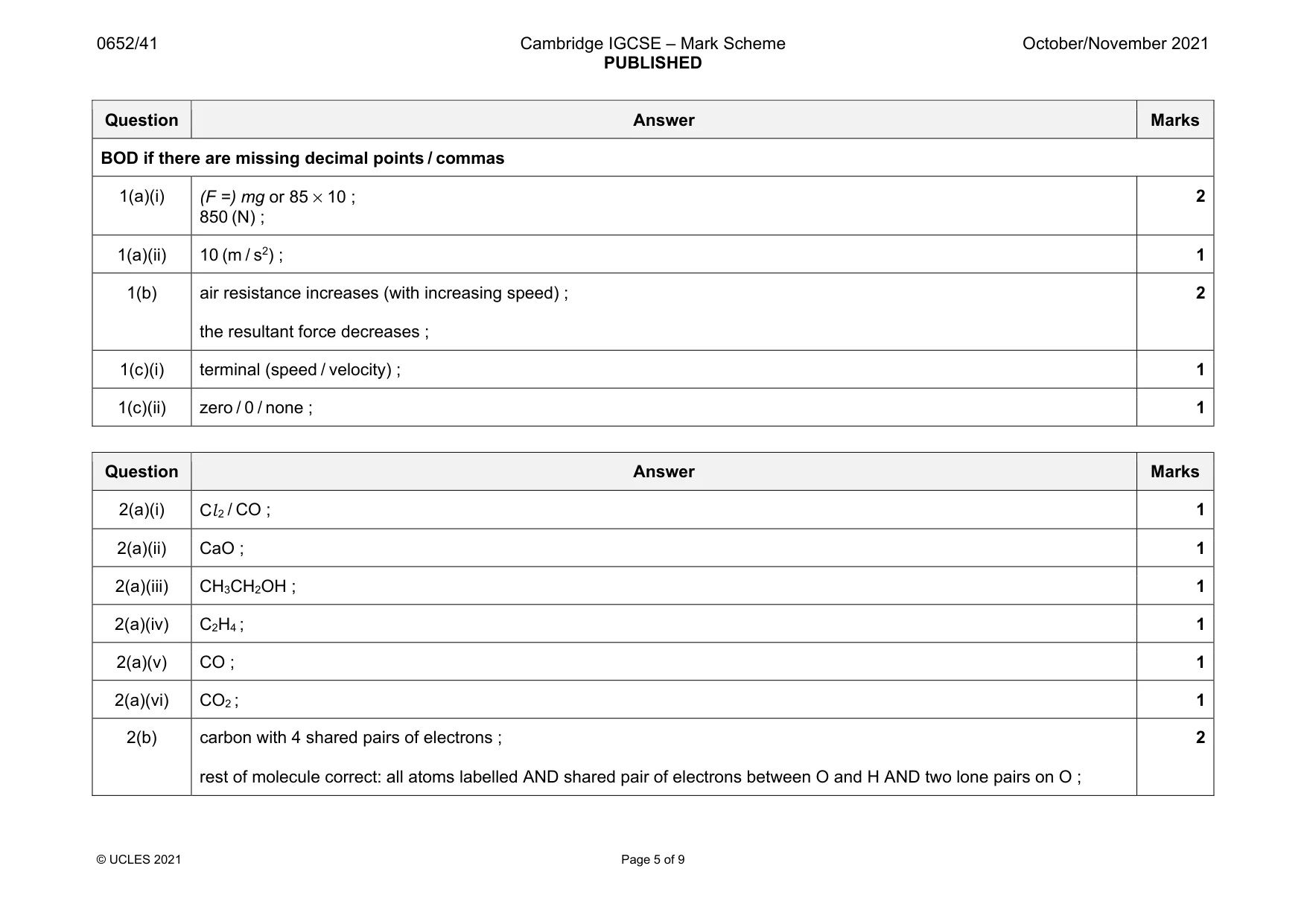 Mark scheme, page 5 of 9