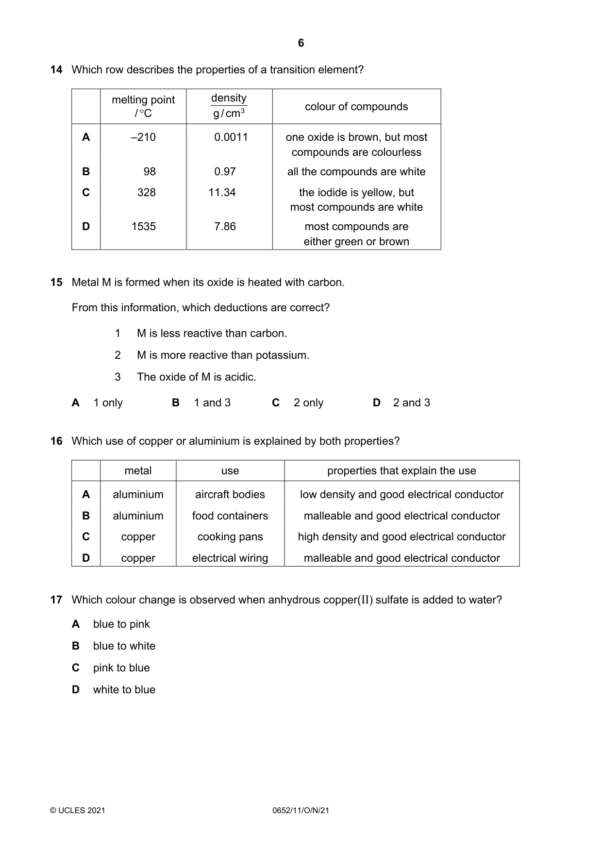Cambridge IGCSE Physical Science 0652 2021 Oct/Nov Paper 1 · Variant 1 question paper, page 6 of 16