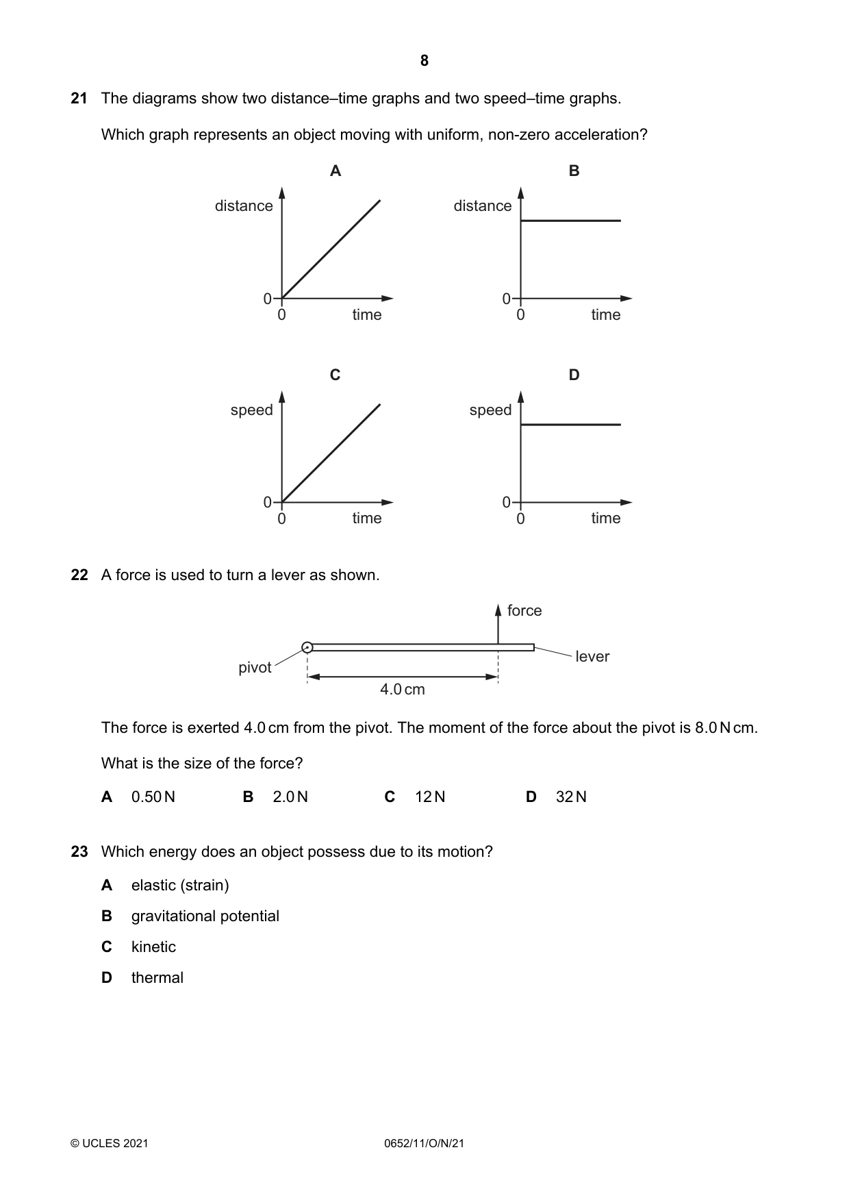 Cambridge IGCSE Physical Science 0652 2021 Oct/Nov Paper 1 · Variant 1 question paper, page 8 of 16