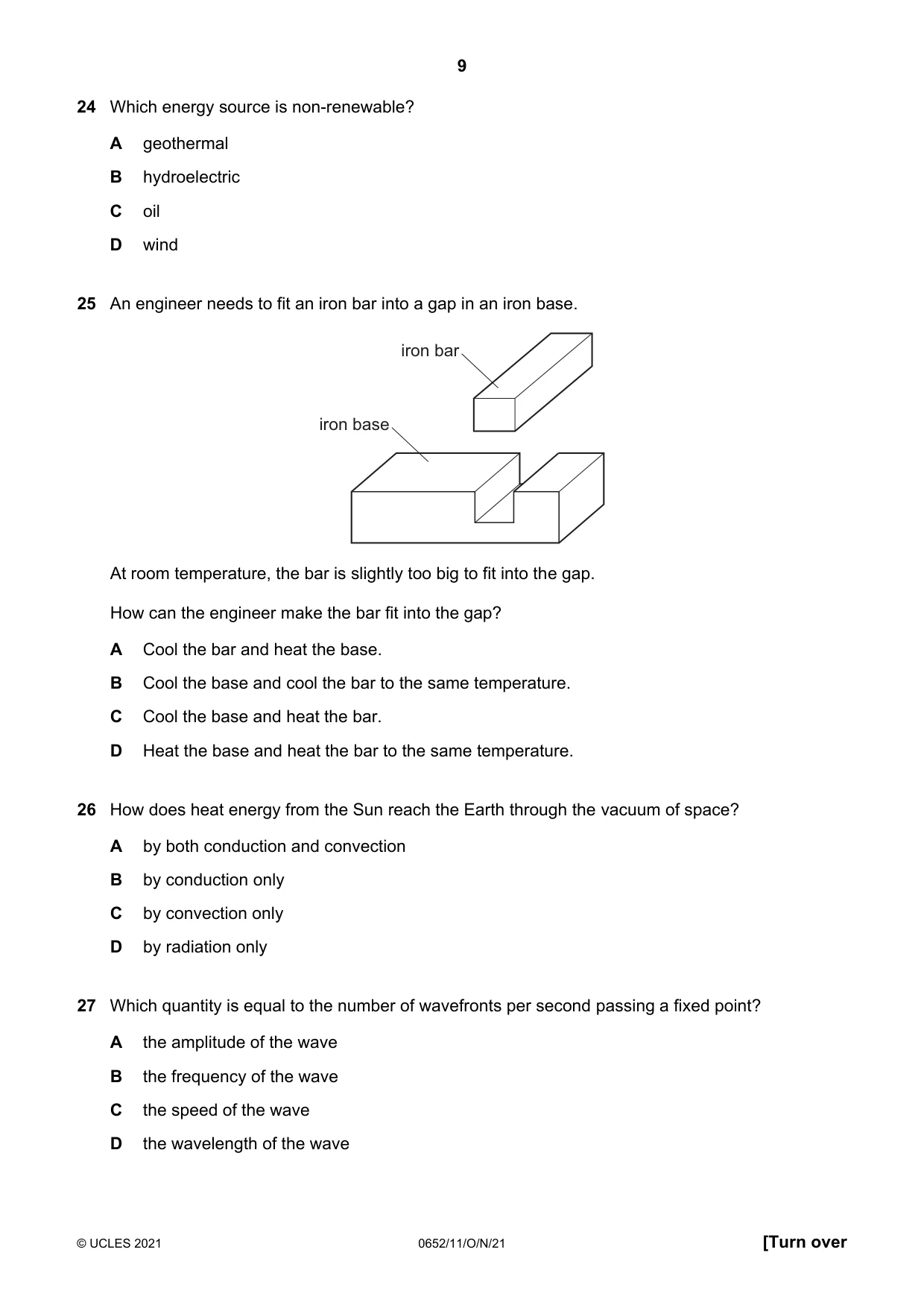 Cambridge IGCSE Physical Science 0652 2021 Oct/Nov Paper 1 · Variant 1 question paper, page 9 of 16