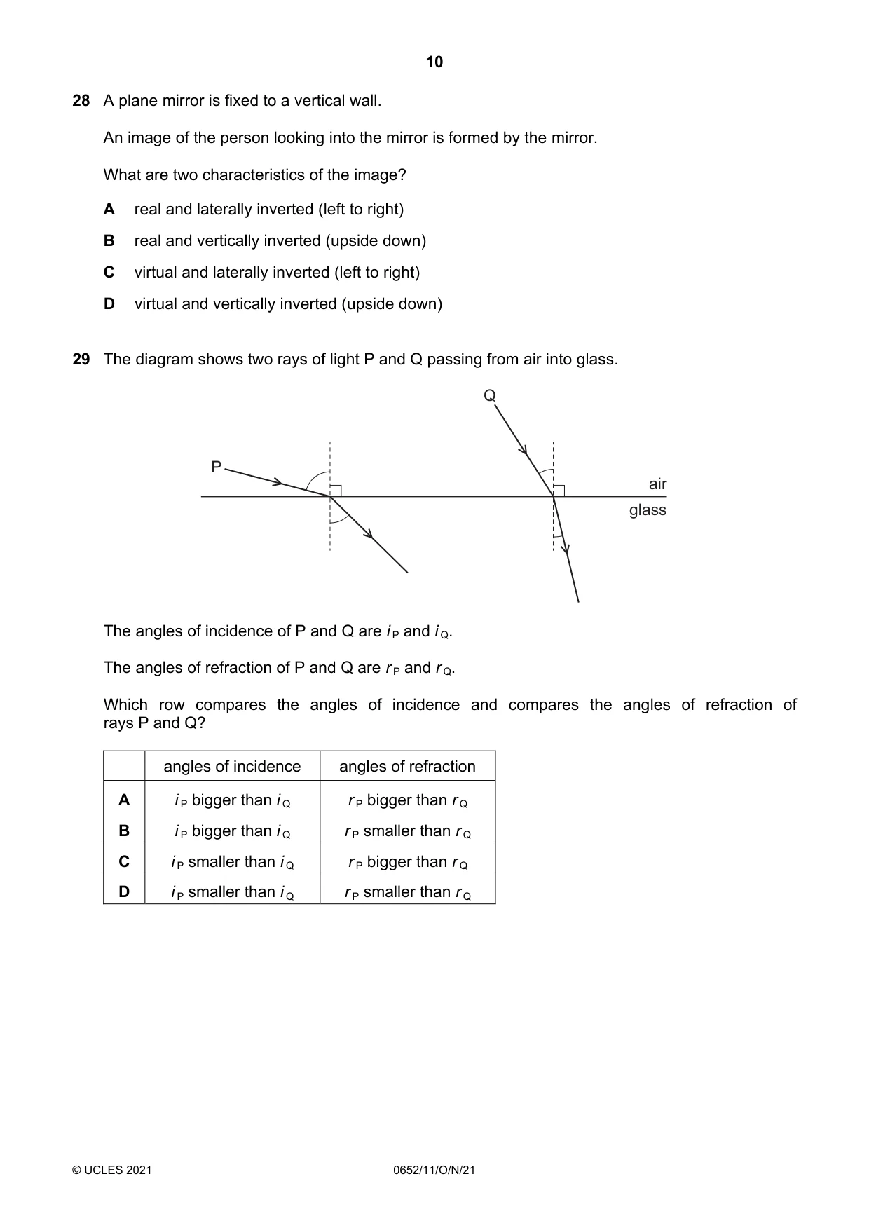 Cambridge IGCSE Physical Science 0652 2021 Oct/Nov Paper 1 · Variant 1 question paper, page 10 of 16