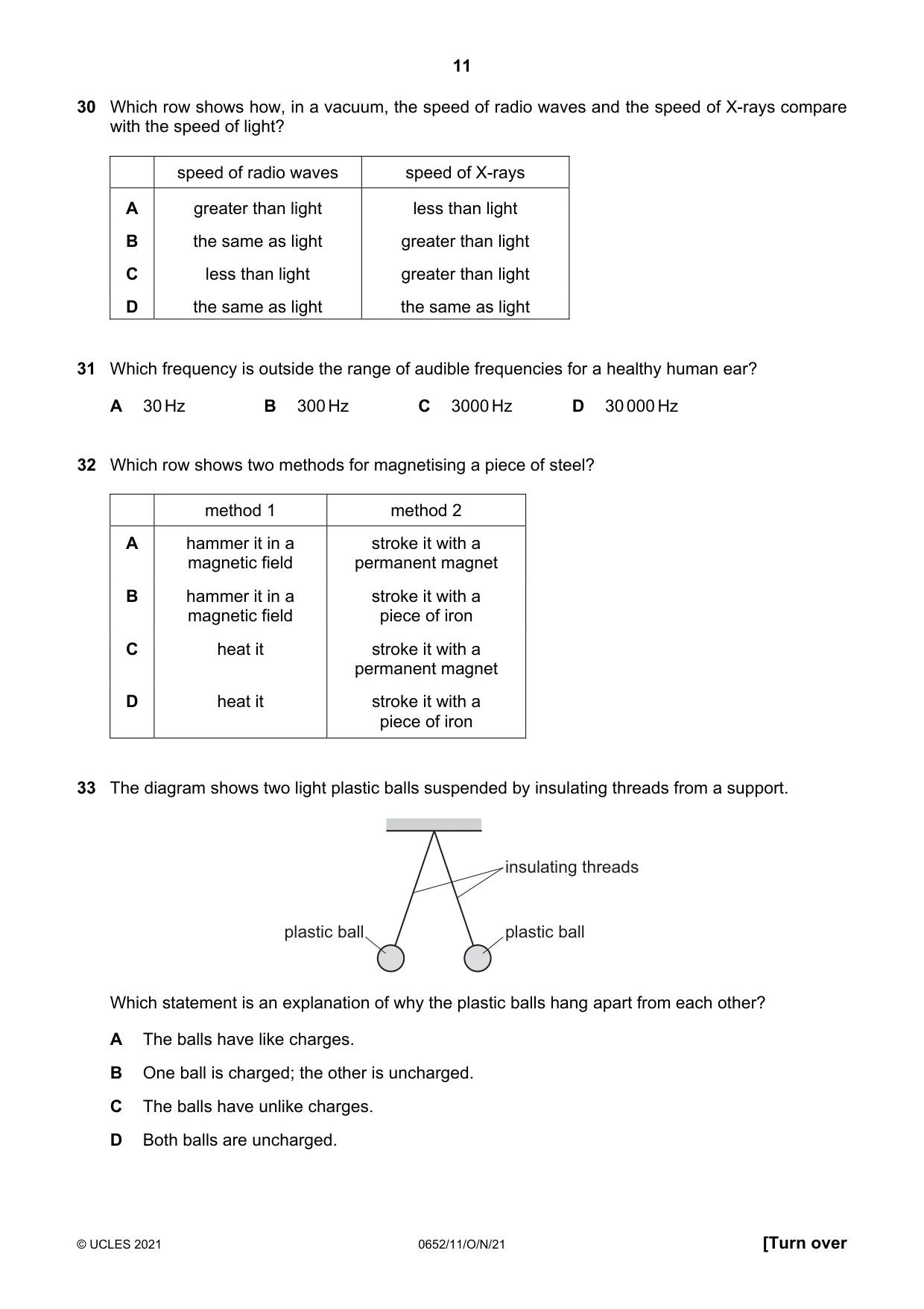 Cambridge IGCSE Physical Science 0652 2021 Oct/Nov Paper 1 · Variant 1 question paper, page 11 of 16