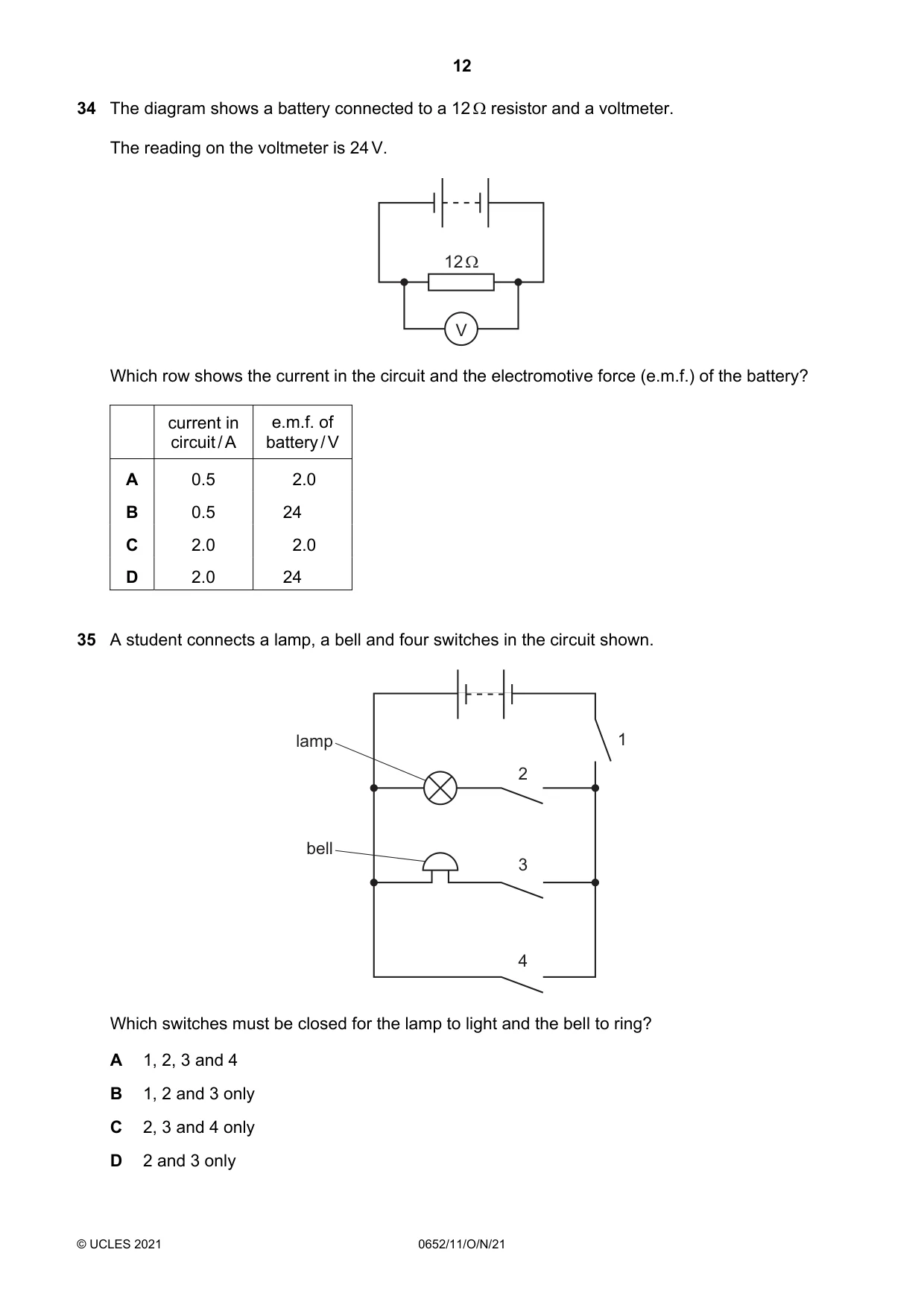 Cambridge IGCSE Physical Science 0652 2021 Oct/Nov Paper 1 · Variant 1 question paper, page 12 of 16