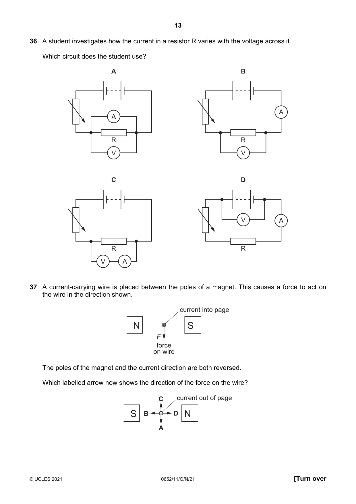 Cambridge IGCSE Physical Science 0652 2021 Oct/Nov Paper 1 · Variant 1 question paper, page 13 of 16