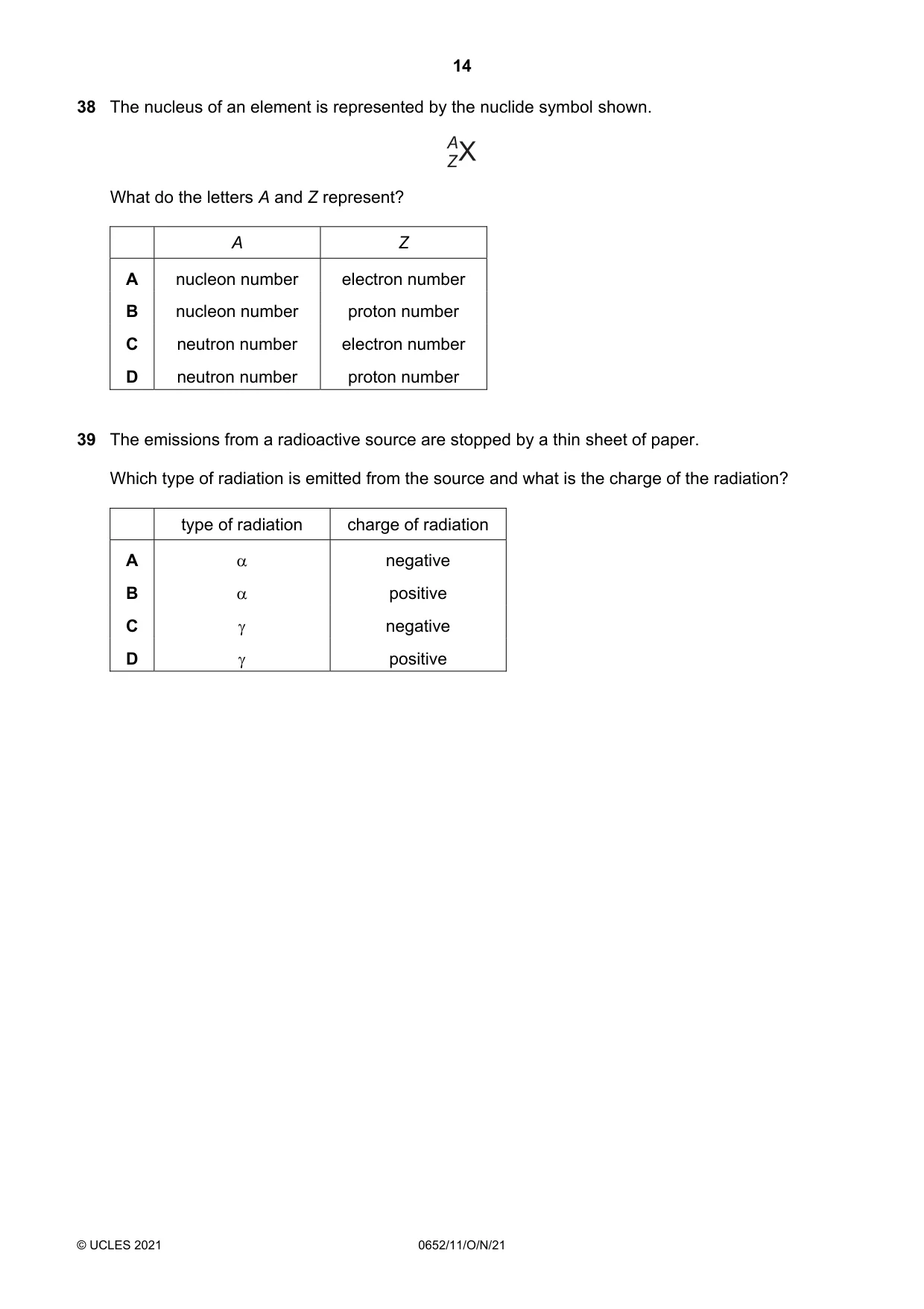 Cambridge IGCSE Physical Science 0652 2021 Oct/Nov Paper 1 · Variant 1 question paper, page 14 of 16