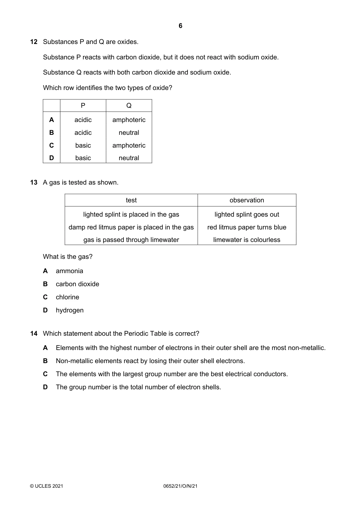 Cambridge IGCSE Physical Science 0652 2021 Oct/Nov Paper 2 · Variant 1 question paper, page 6 of 20