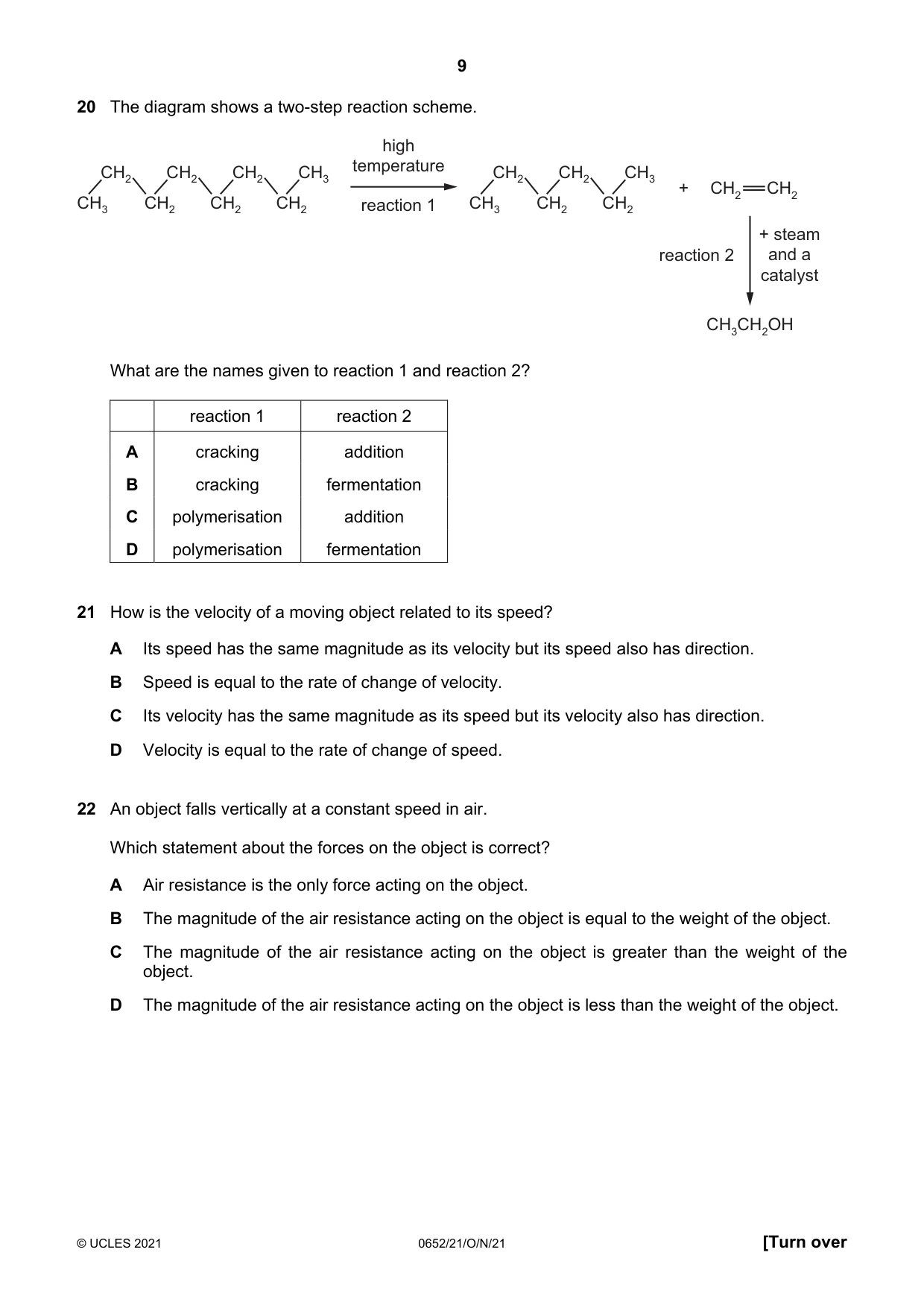 Cambridge IGCSE Physical Science 0652 2021 Oct/Nov Paper 2 · Variant 1 question paper, page 9 of 20