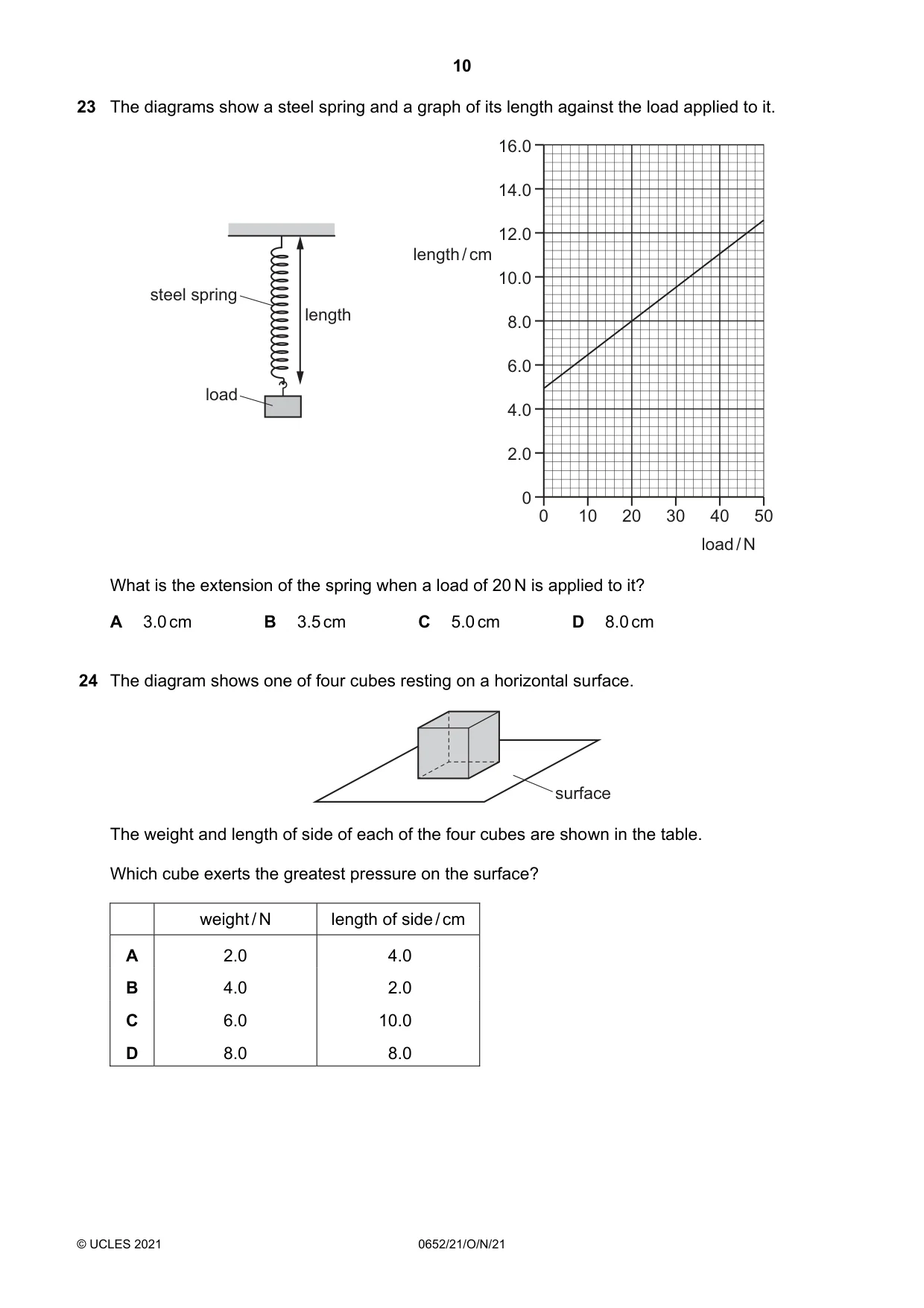 Cambridge IGCSE Physical Science 0652 2021 Oct/Nov Paper 2 · Variant 1 question paper, page 10 of 20