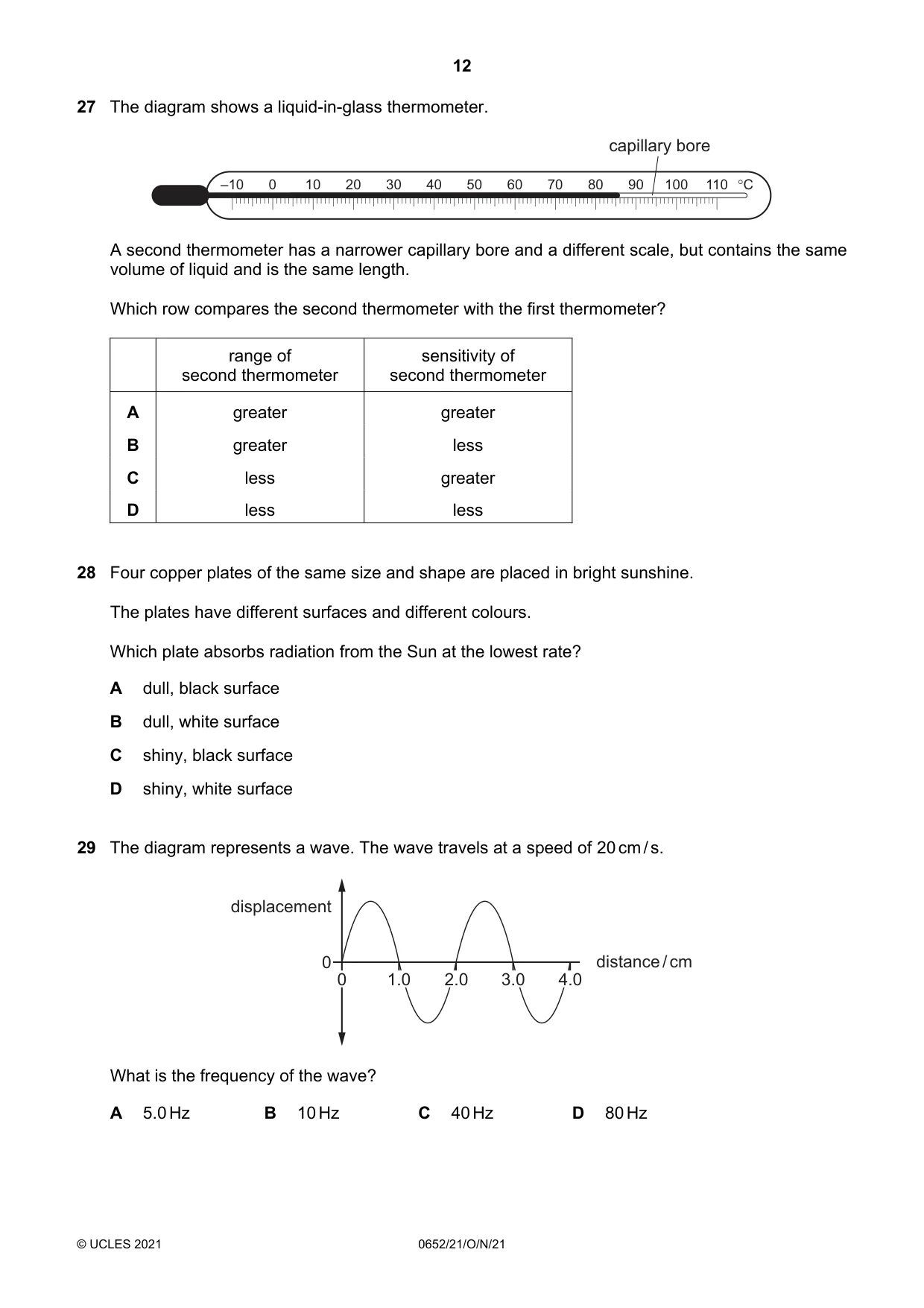 Cambridge IGCSE Physical Science 0652 2021 Oct/Nov Paper 2 · Variant 1 question paper, page 12 of 20