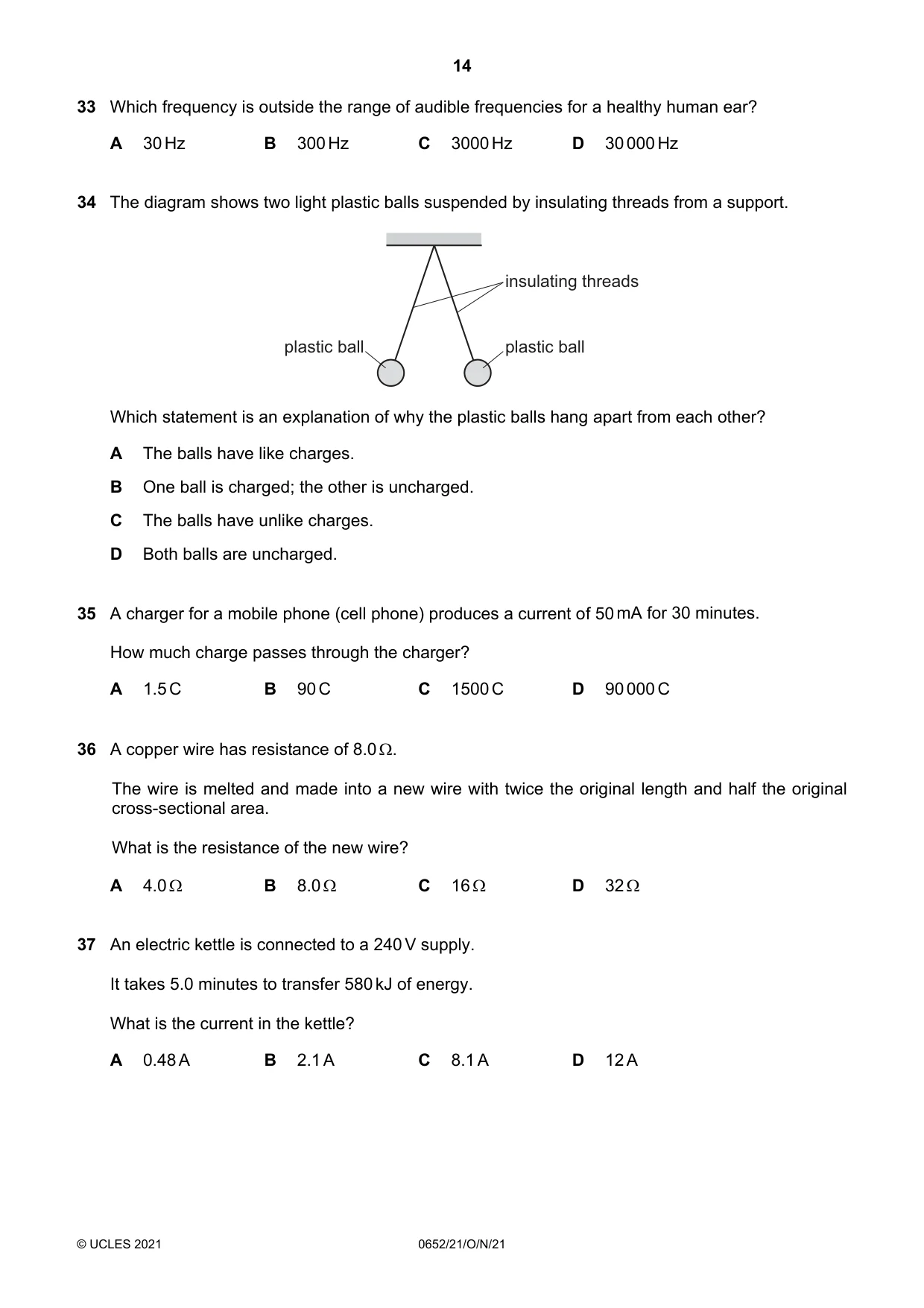 Cambridge IGCSE Physical Science 0652 2021 Oct/Nov Paper 2 · Variant 1 question paper, page 14 of 20