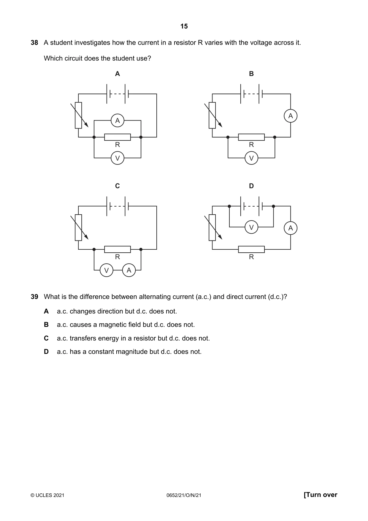 Cambridge IGCSE Physical Science 0652 2021 Oct/Nov Paper 2 · Variant 1 question paper, page 15 of 20