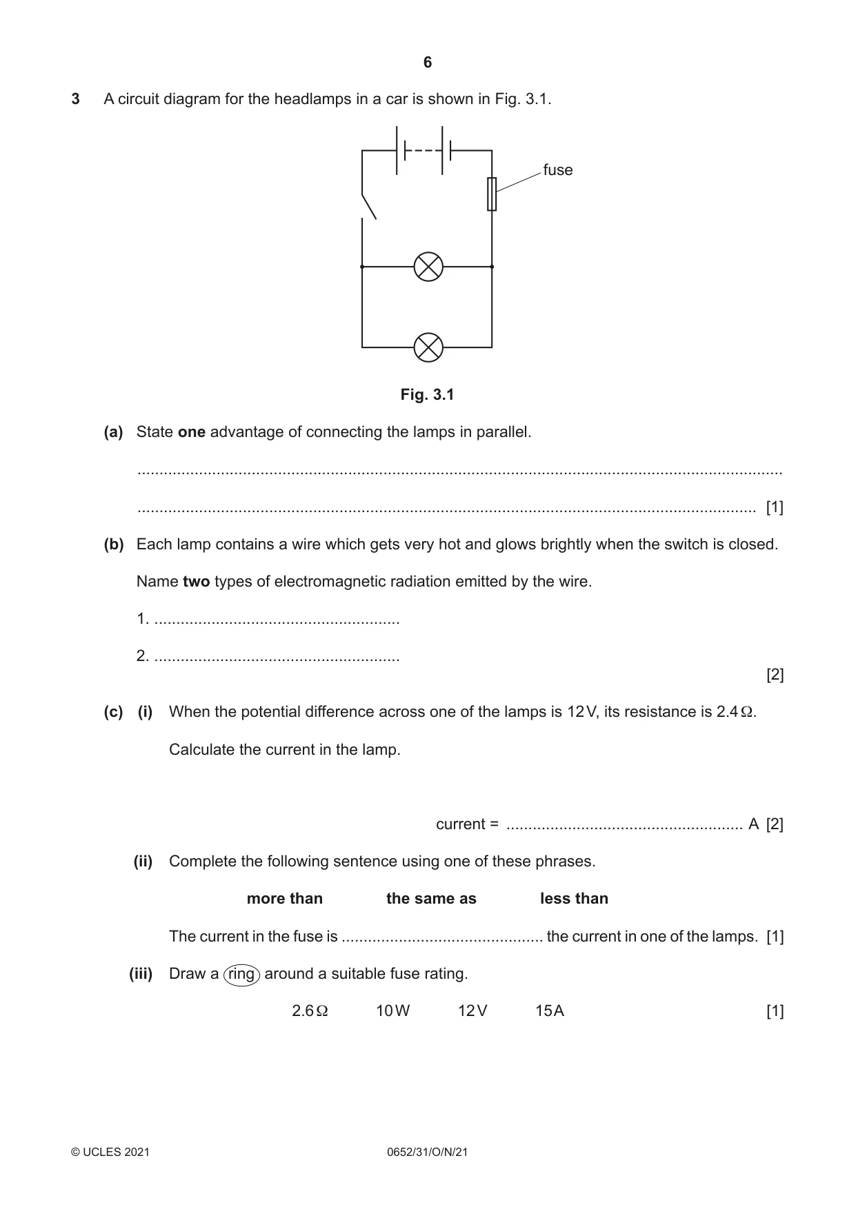 Cambridge IGCSE Physical Science 0652 2021 Oct/Nov Paper 3 · Variant 1 question paper, page 6 of 20