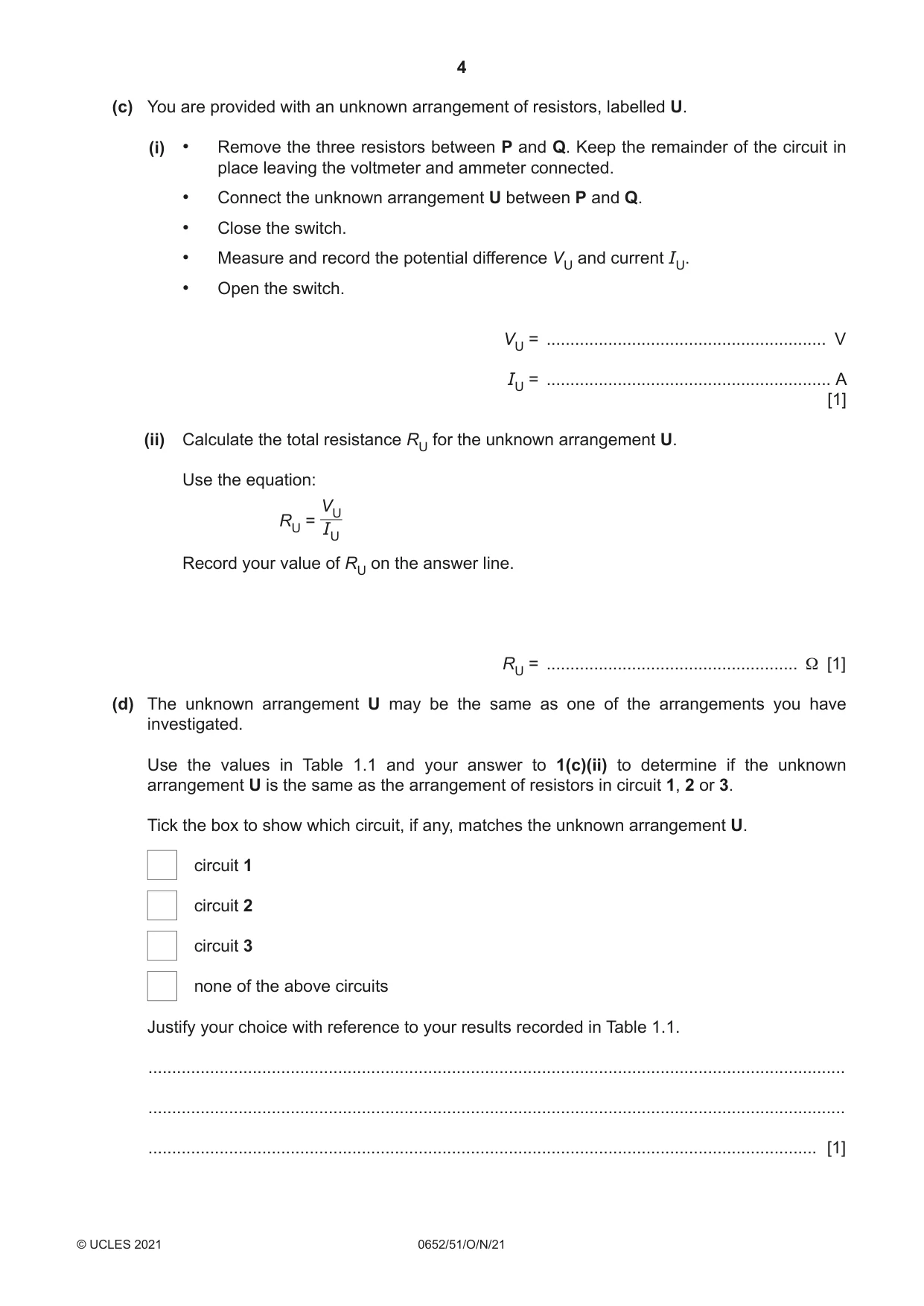 Cambridge IGCSE Physical Science 0652 2021 Oct/Nov Paper 5 · Variant 1 question paper, page 4 of 20