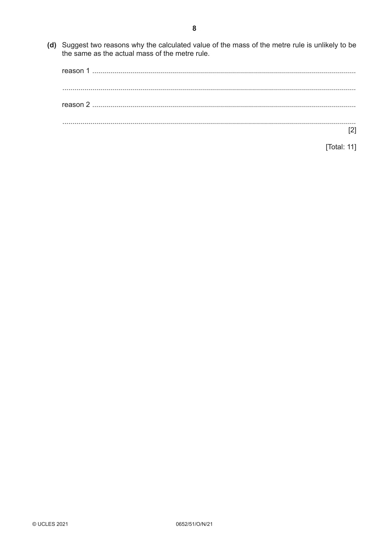 Cambridge IGCSE Physical Science 0652 2021 Oct/Nov Paper 5 · Variant 1 question paper, page 8 of 20