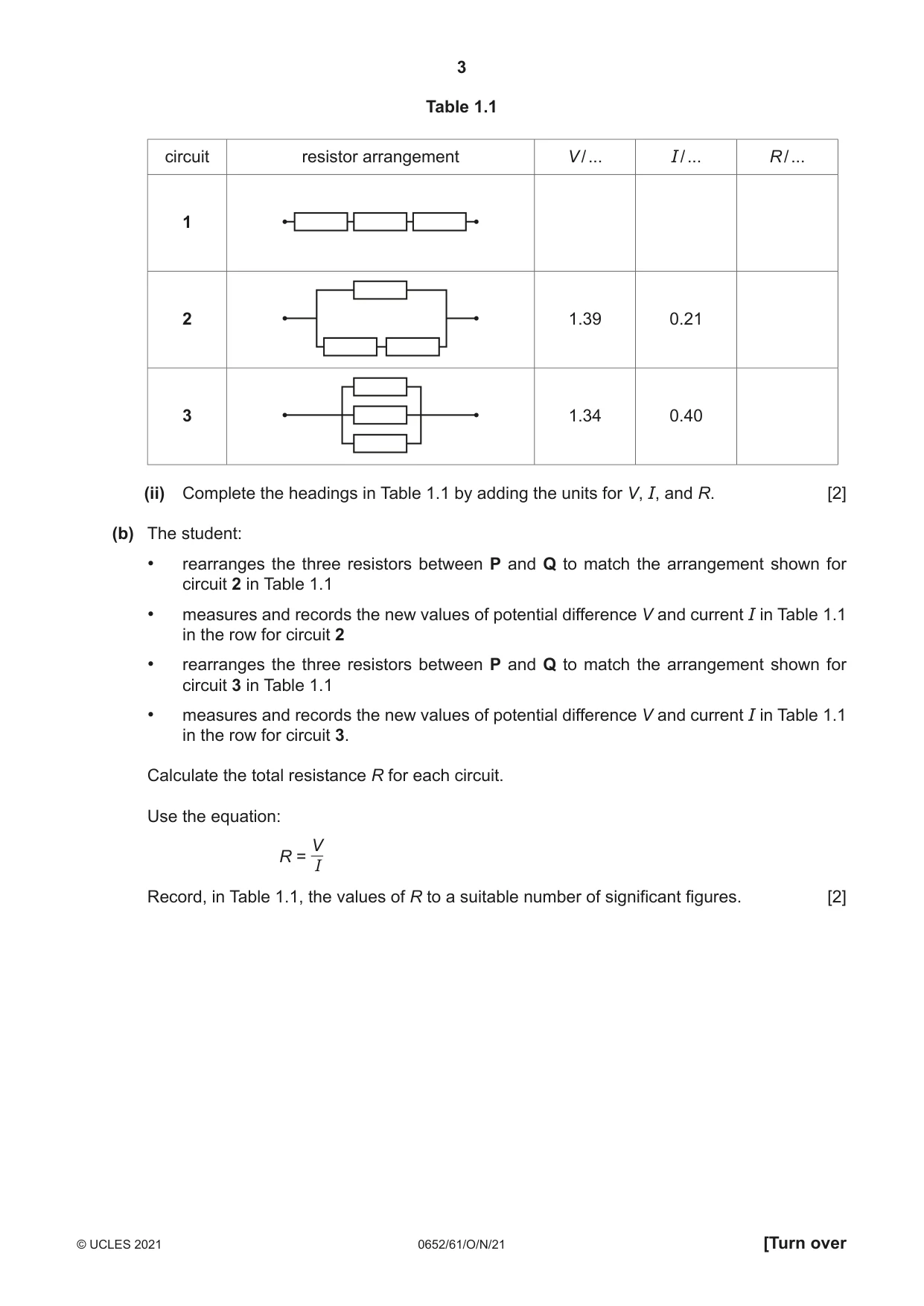 Cambridge IGCSE Physical Science 0652 2021 Oct/Nov Paper 6 · Variant 1 question paper, page 3 of 16