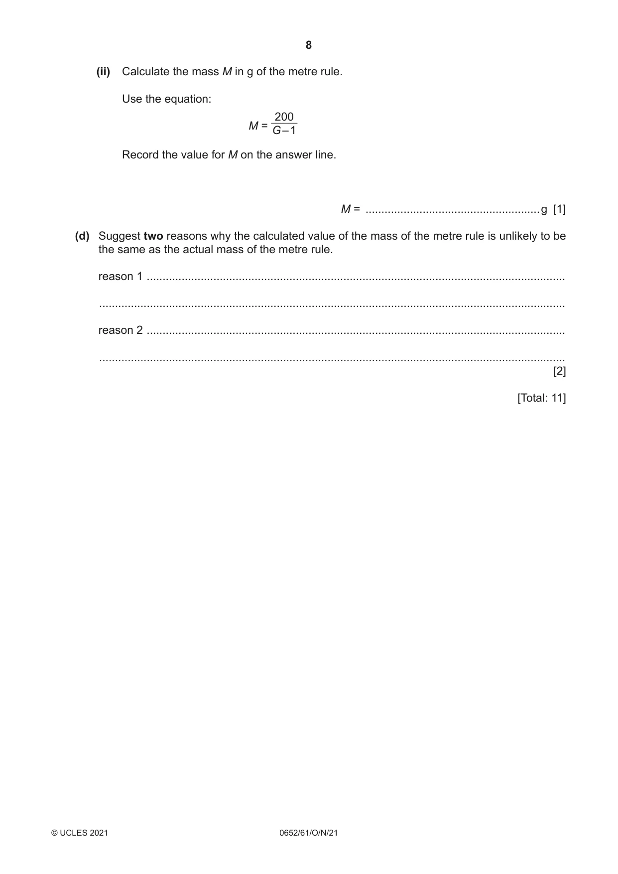 Cambridge IGCSE Physical Science 0652 2021 Oct/Nov Paper 6 · Variant 1 question paper, page 8 of 16